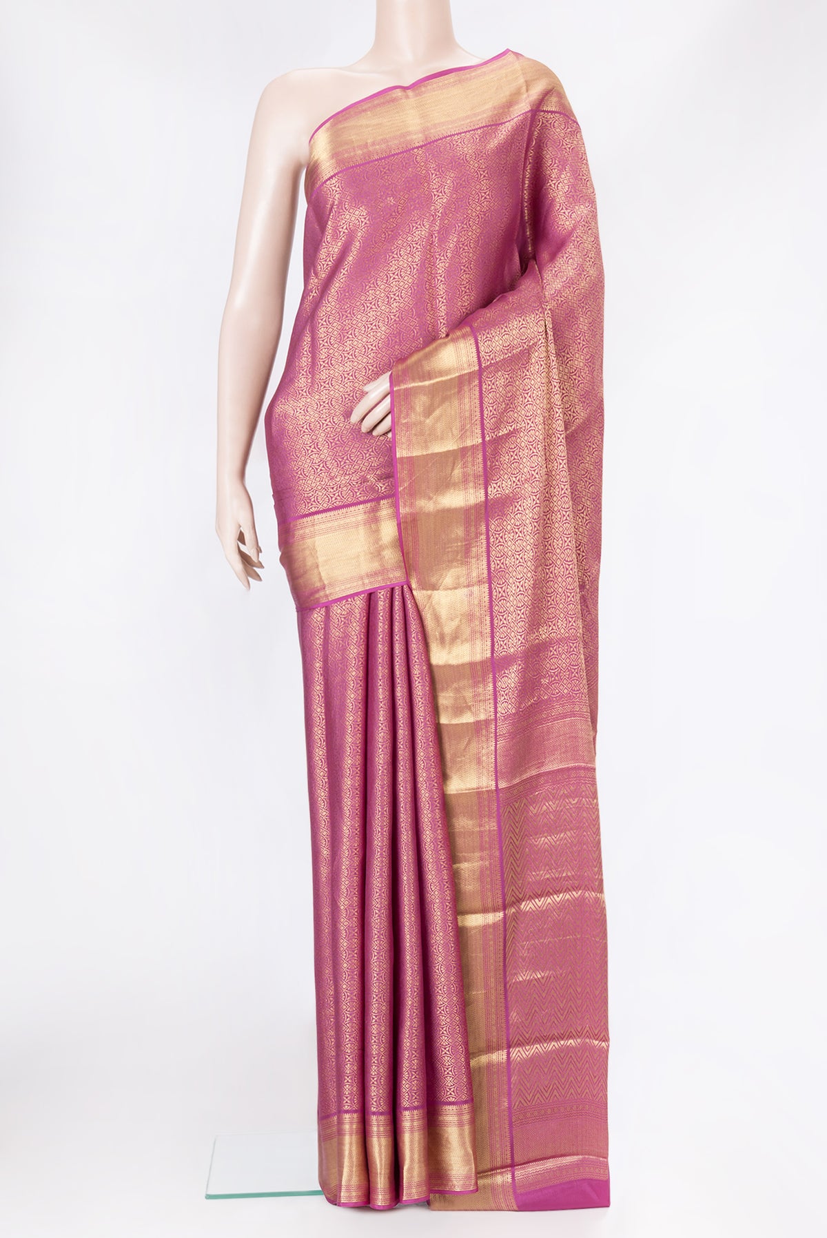 Purple Dual Tone Mysore Crepe Saree with Zari Brocade on the body and Zari Border.  displayed on a mannequin