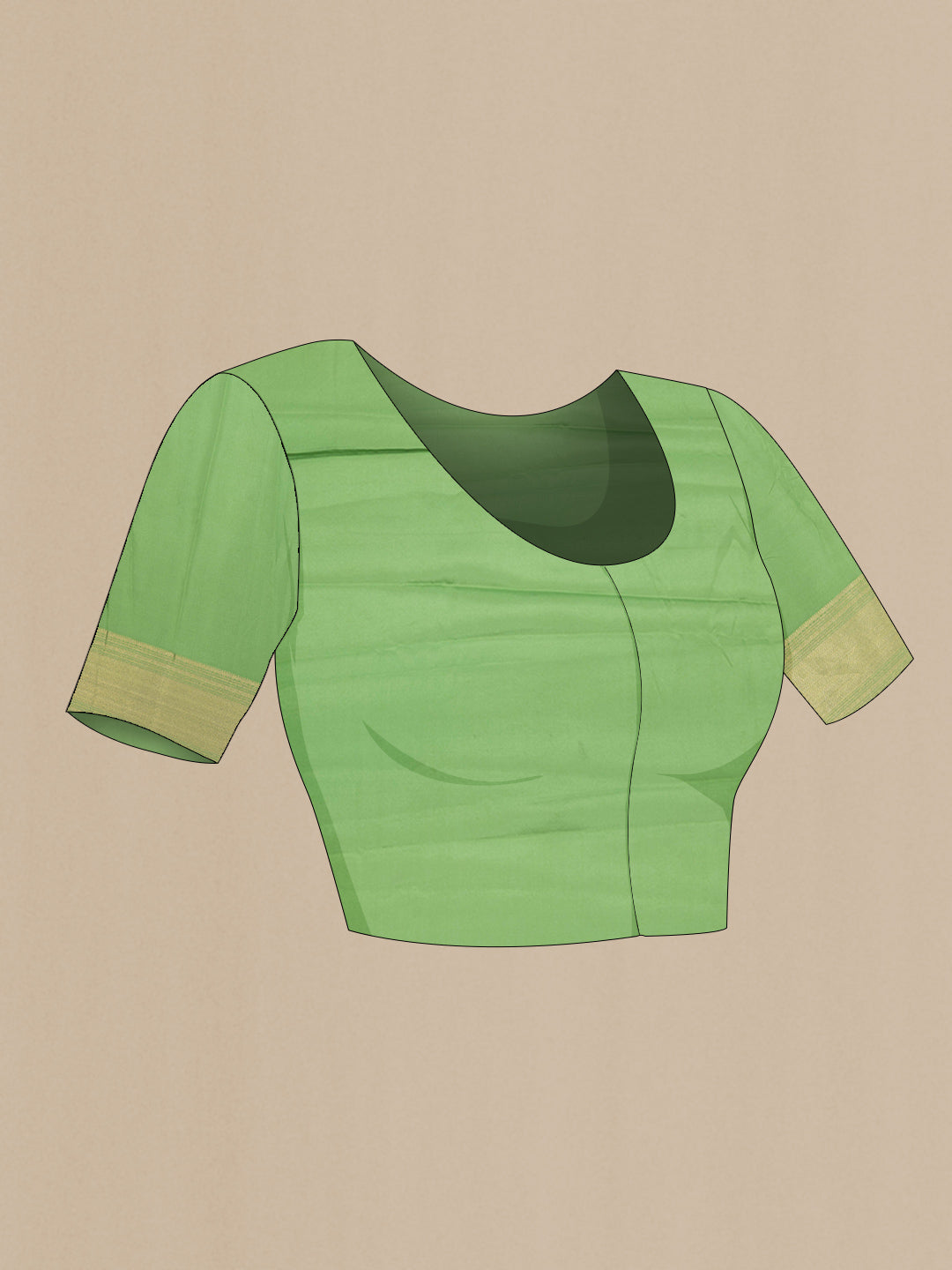 Close up image of the blouse of Green Mysore Crepe Saree with Stripes on the body and Zari Border