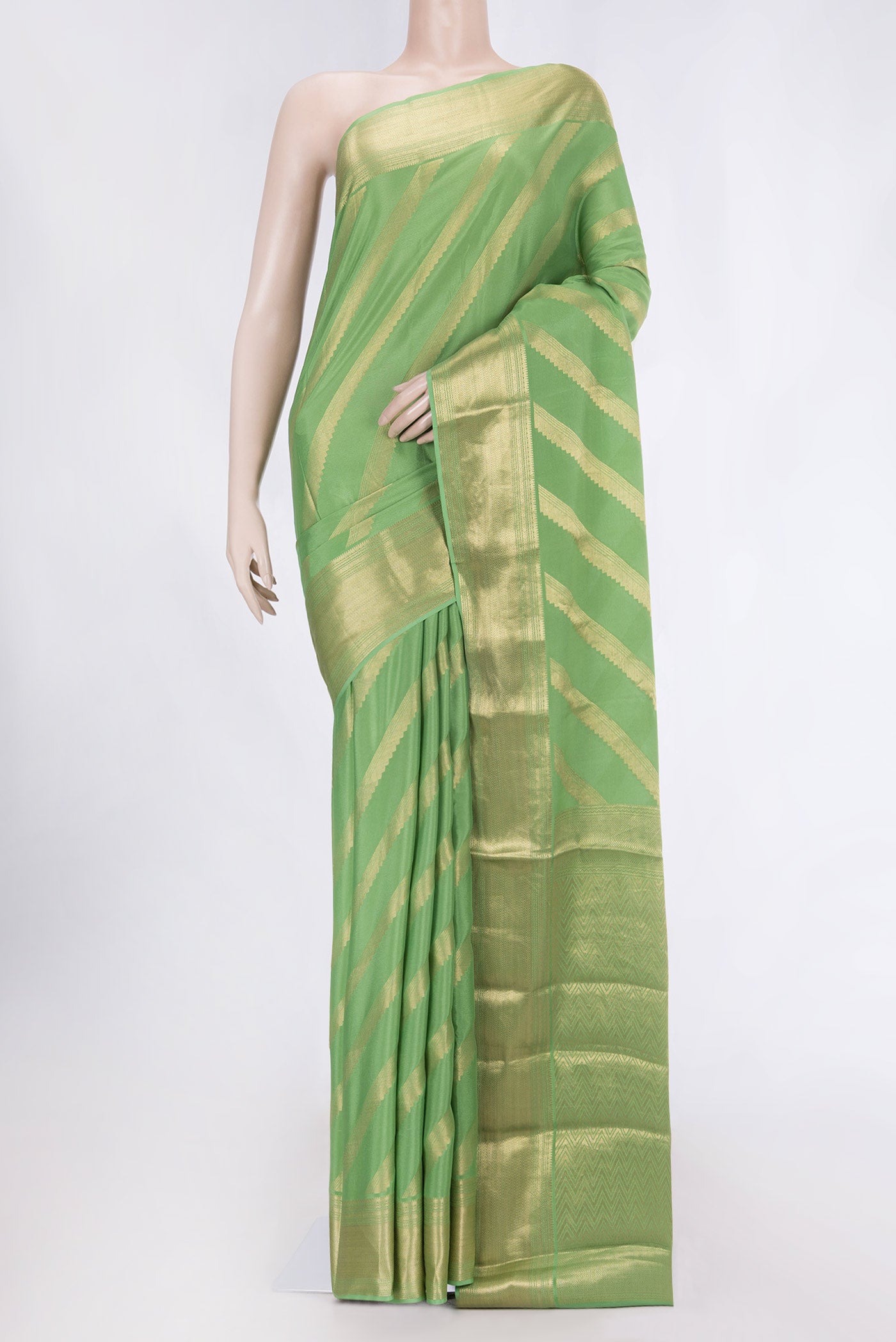 Green Mysore Crepe Saree with Stripes on the body and Zari Border displayed on a mannequin