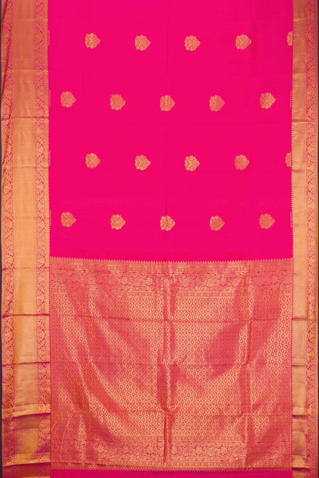 Flat view of Pink Dual Tone Kanchipuram Silk Saree with Jacquard With Zari Butta on the body and Zari Border. 