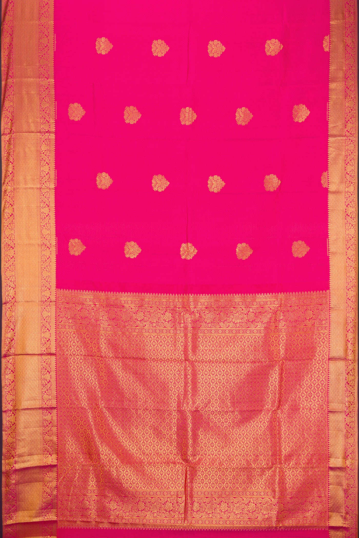 Flat view of Pink Dual Tone Kanchipuram Silk Saree with Jacquard With Zari Butta on the body and Zari Border. 