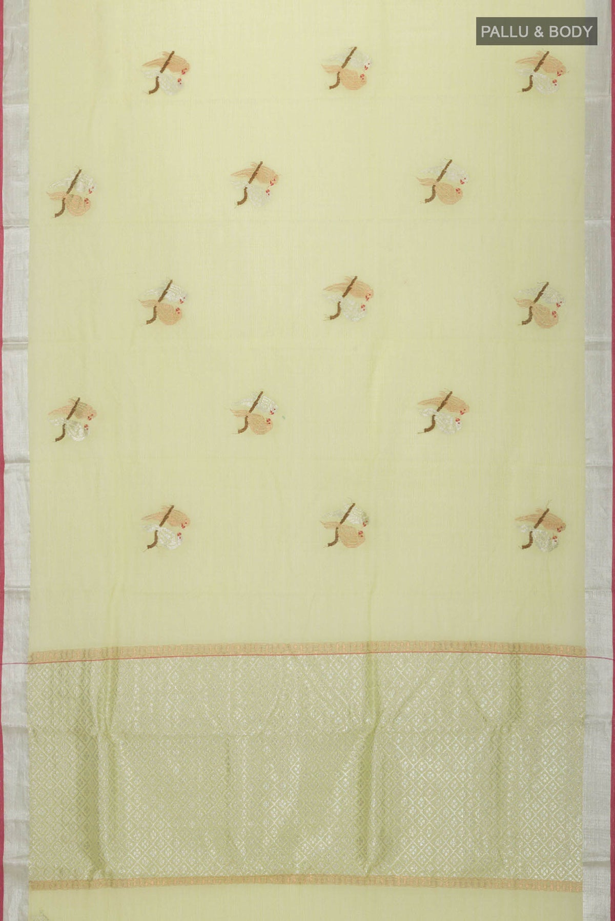 Flat view of Green Kota Silk Saree with Zari Butta on the body and Zari Border