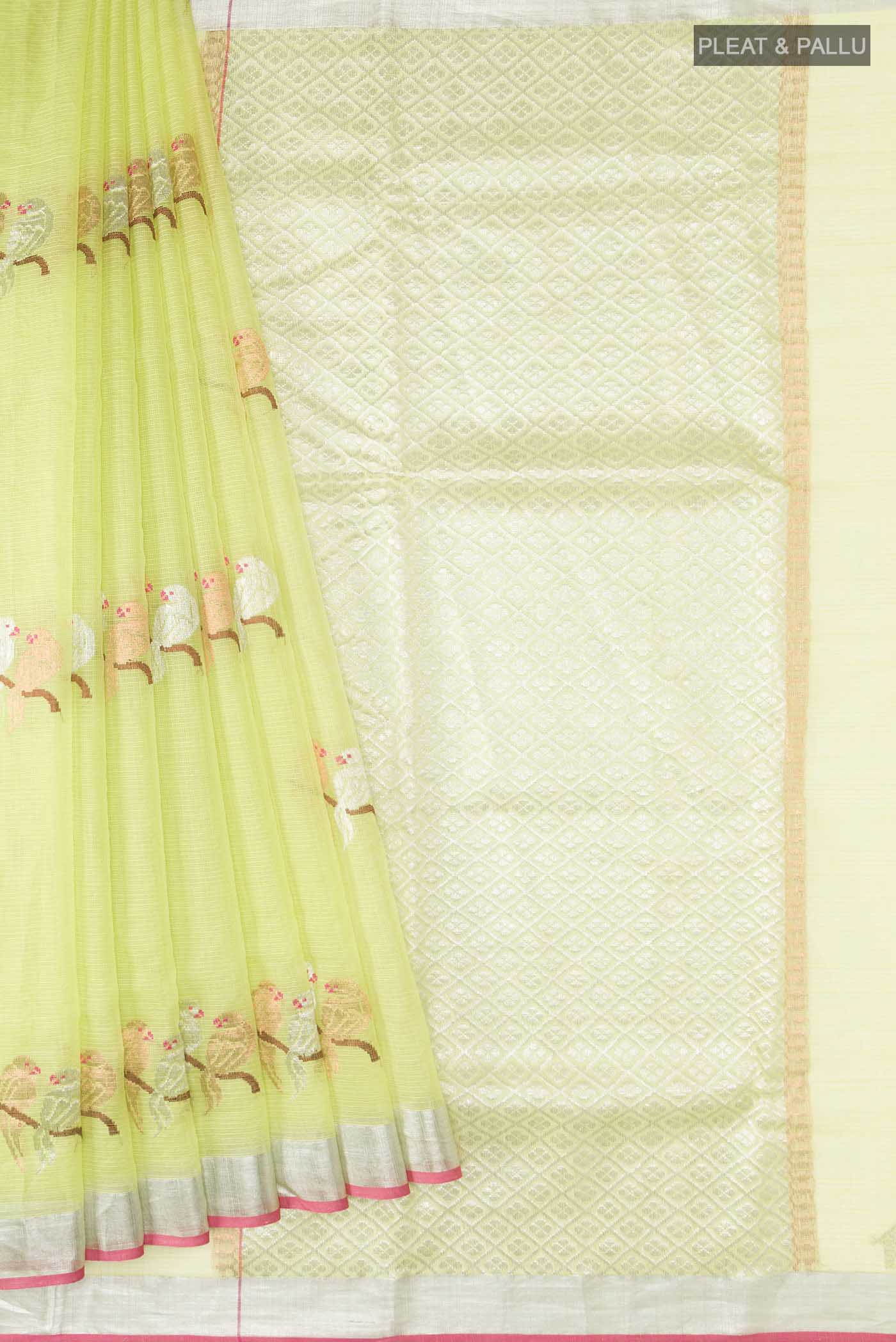 Pleats and pallu of Green Kota Silk Saree with Zari Butta on the body and Zari Border