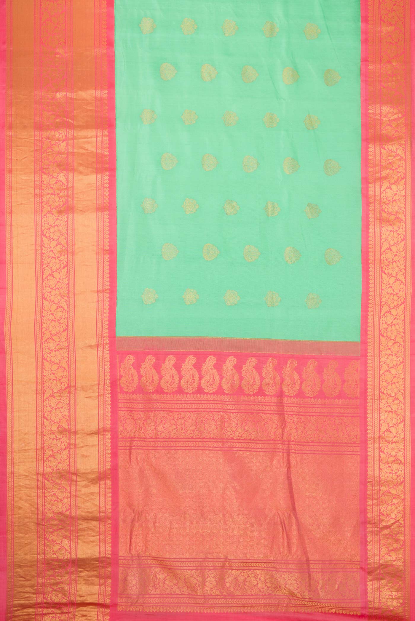Flat view of Sea Green Dual Tone Gadwal Silk Saree with Zari Butta on the body and Zari Border