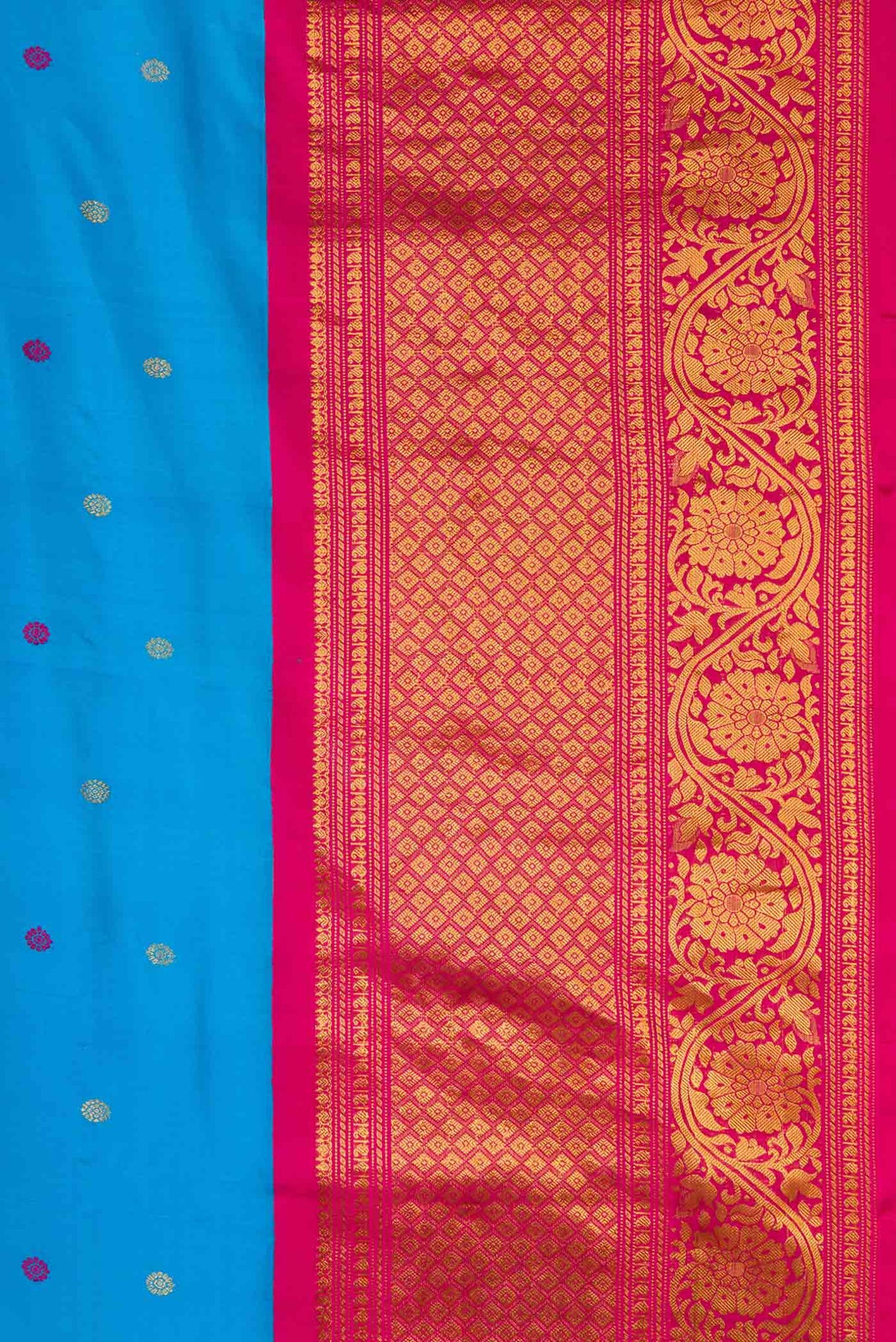 Border image of Sky Blue Dual Tone Gadwal Silk Saree with Zari And Thread Butta on the body and Zari Border