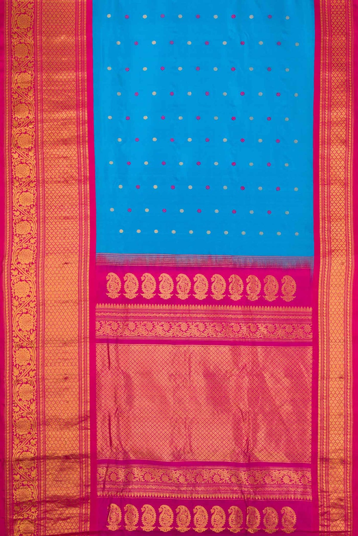Flat view of Sky Blue Dual Tone Gadwal Silk Saree with Zari And Thread Butta on the body and Zari Border