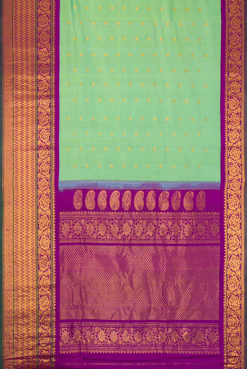 Flat view of Sea Green Dual Tone Gadwal Silk Saree with Zari Butta on the body and Zari Border