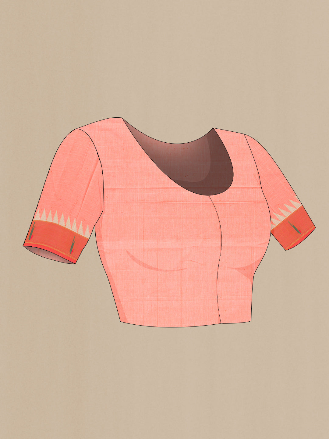 Close up image of the blouse of Peach Paithani Cotton Saree with Zari Butta on the body and Paithani Border. 