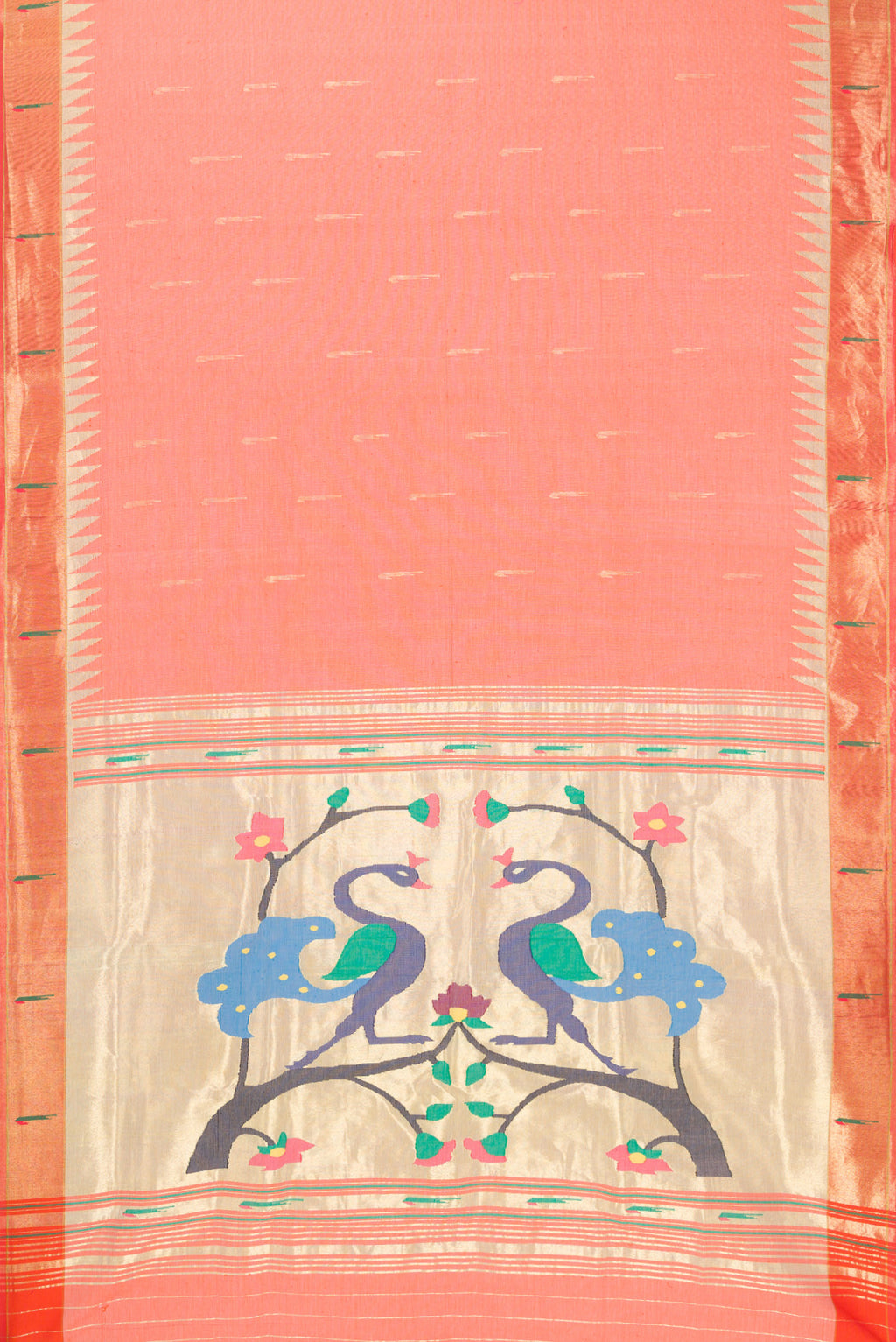 Flat view of Peach Paithani Cotton Saree with Zari Butta on the body and Paithani Border. 