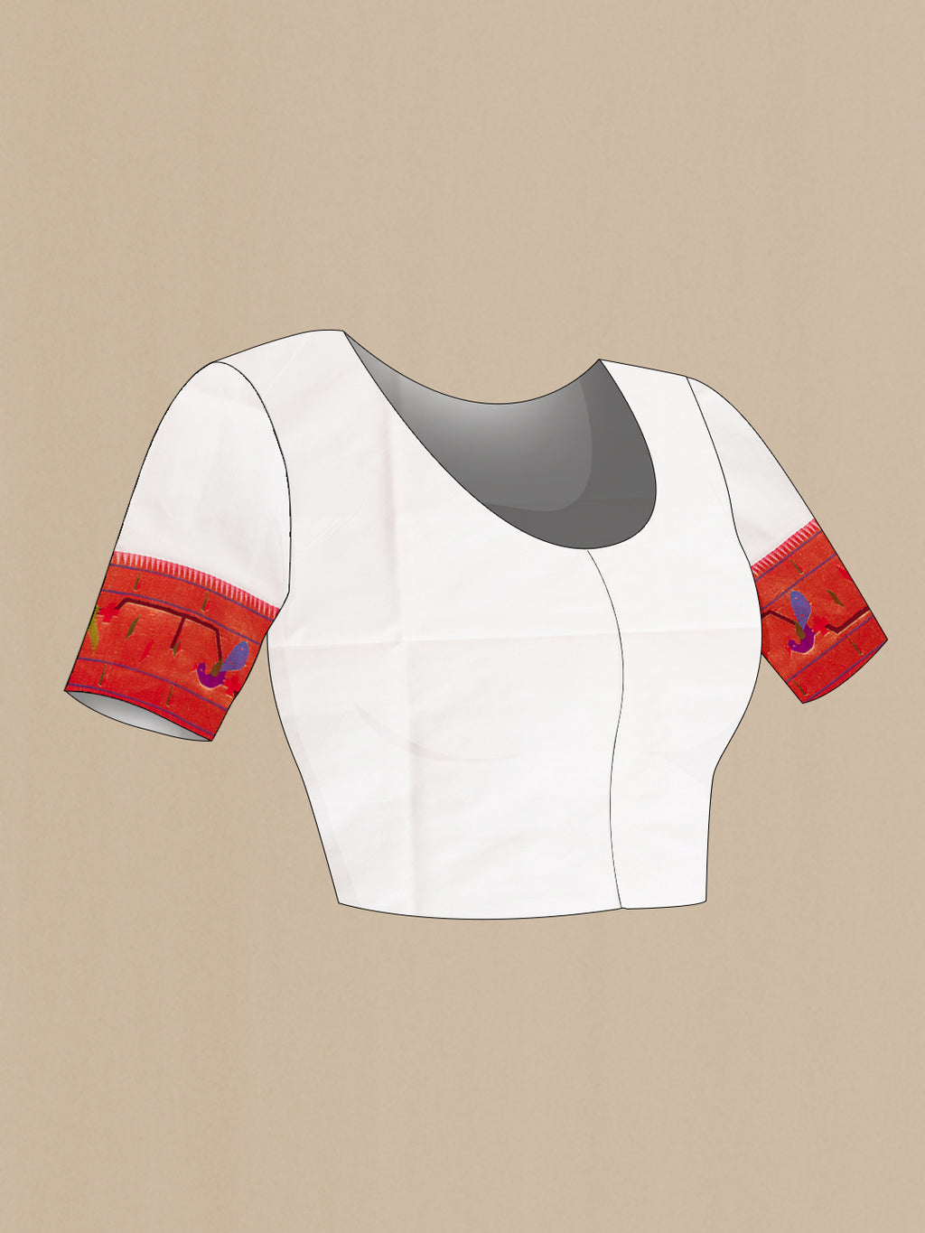 Close up image of the blouse of White Dual Tone Paithani Silk Saree with Checked design on the body and Paithani Border. 
