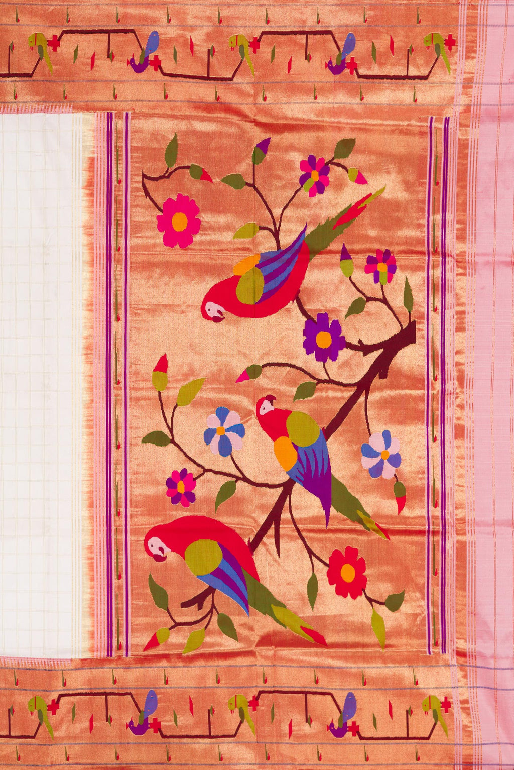 Close up image of the pallu of White Dual Tone Paithani Silk Saree with Checked design on the body and Paithani Border. 