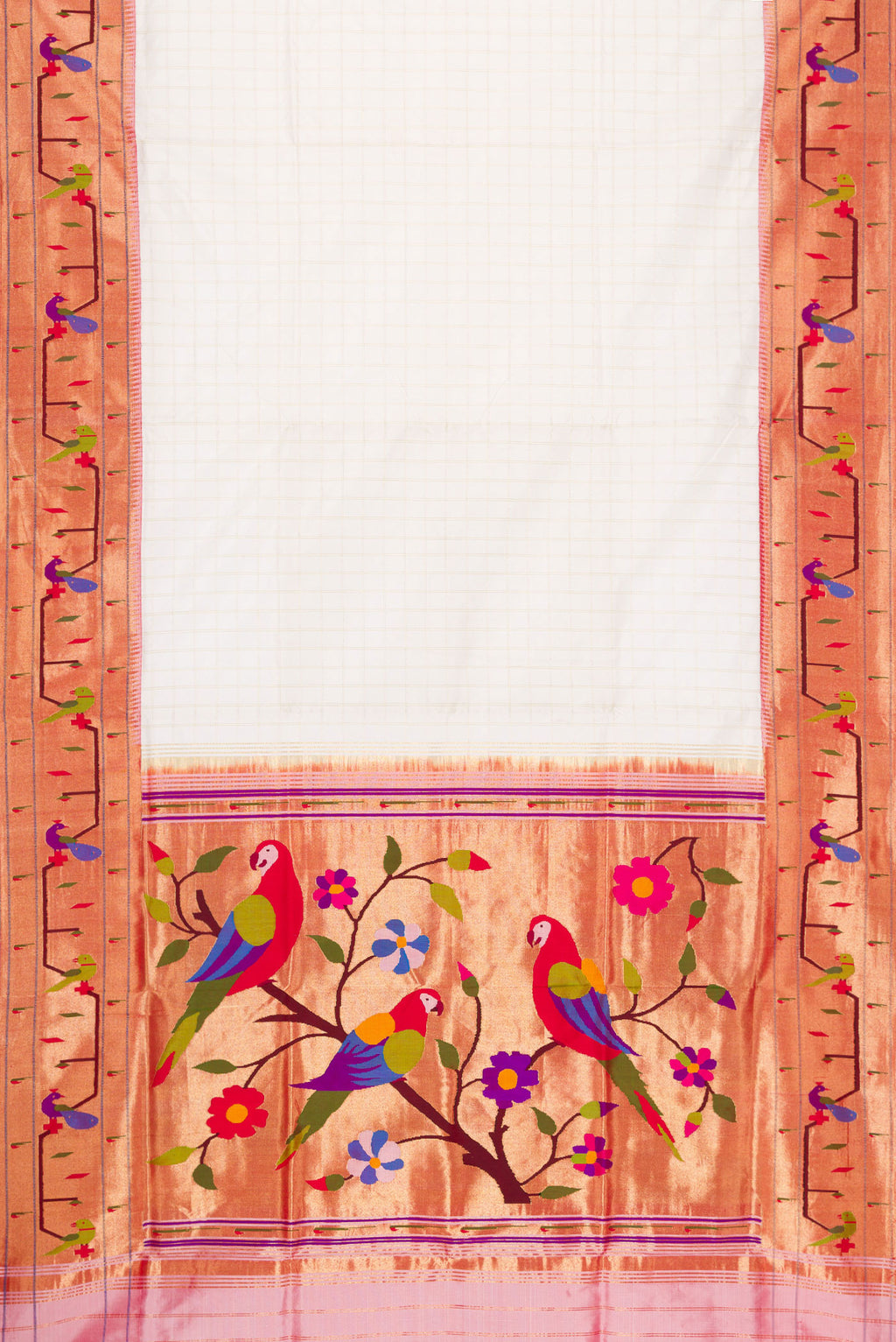 Flat view of White Dual Tone Paithani Silk Saree with Checked design on the body and Paithani Border. 