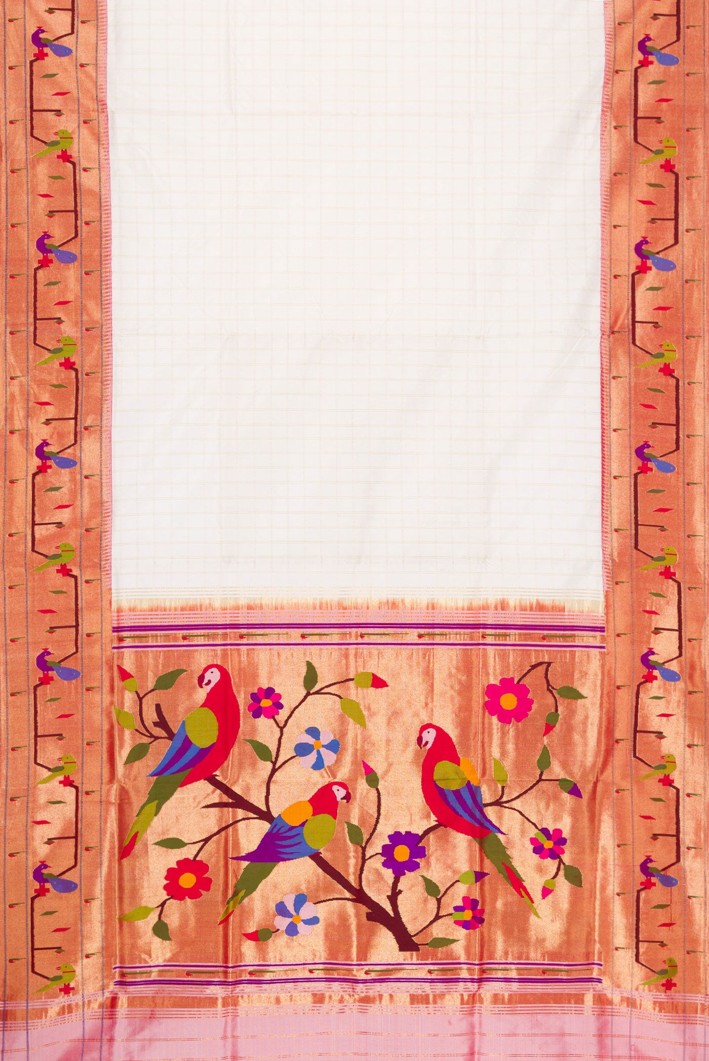 Flat view of White Dual Tone Paithani Silk Saree with Checked design on the body and Paithani Border. 