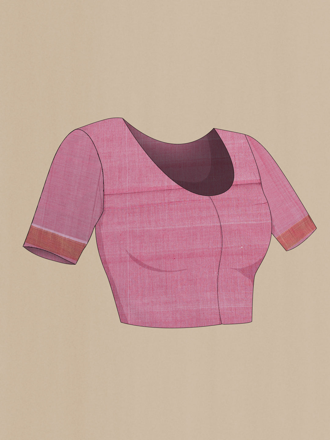 Close up image of the blouse of Pink Uppada Cotton Saree with Zari Butta on the body and Zari Border. 