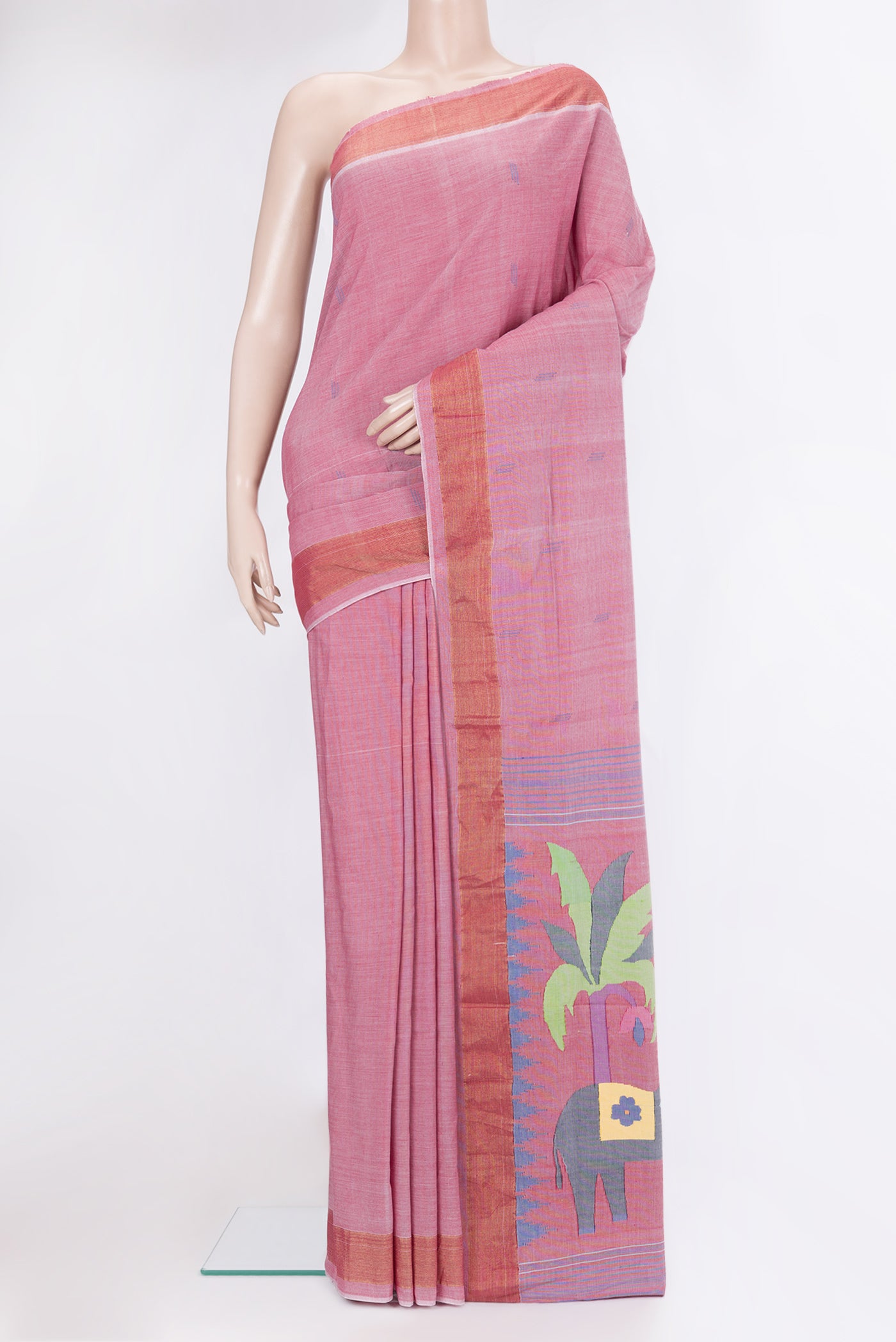 Pink Uppada Cotton Saree with Zari Butta on the body and Zari Border.  displayed on a mannequin