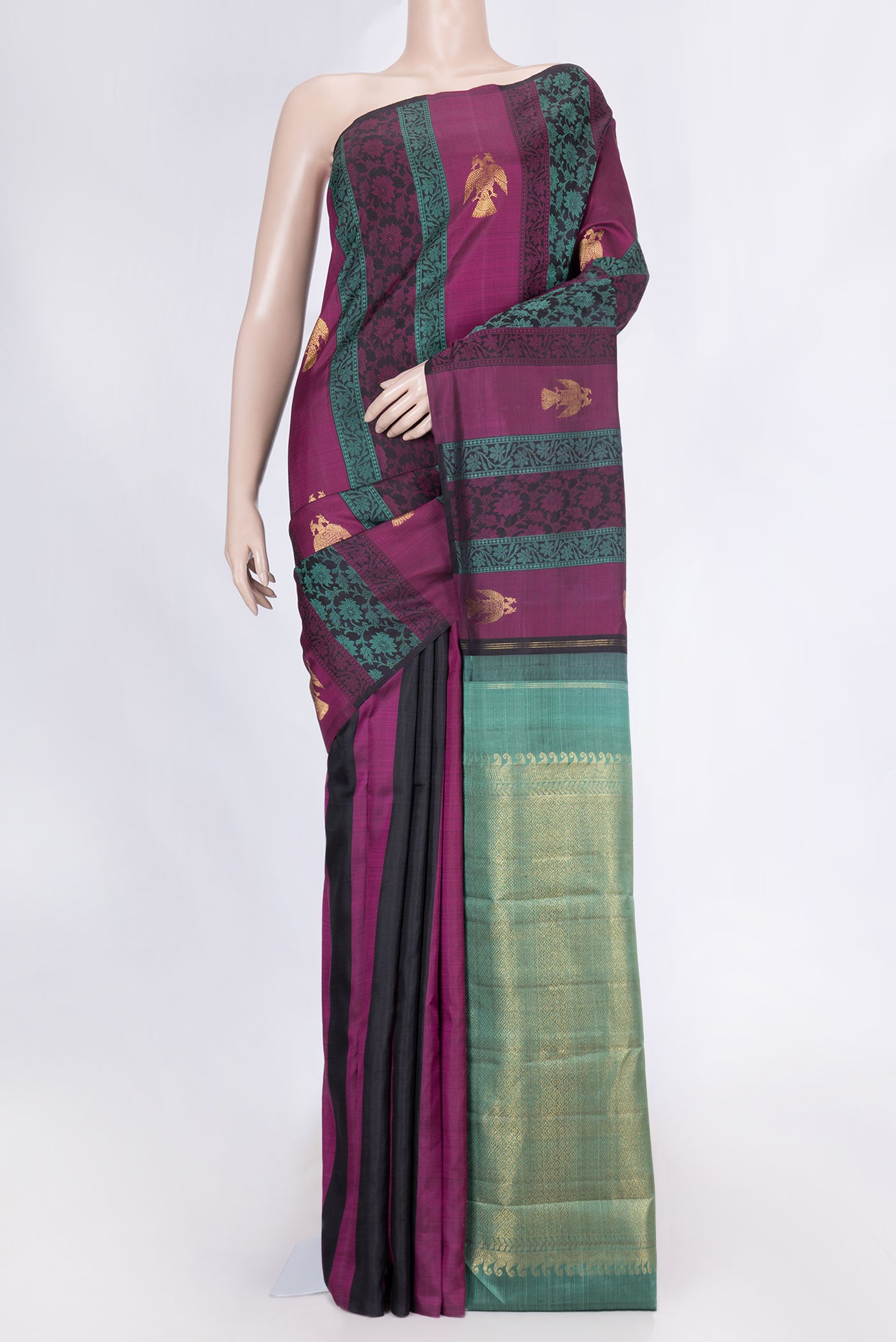 Green and Pink Color Kanchipuram Silk Saree with Jacquard design on the body and Without Border displayed on a mannequin