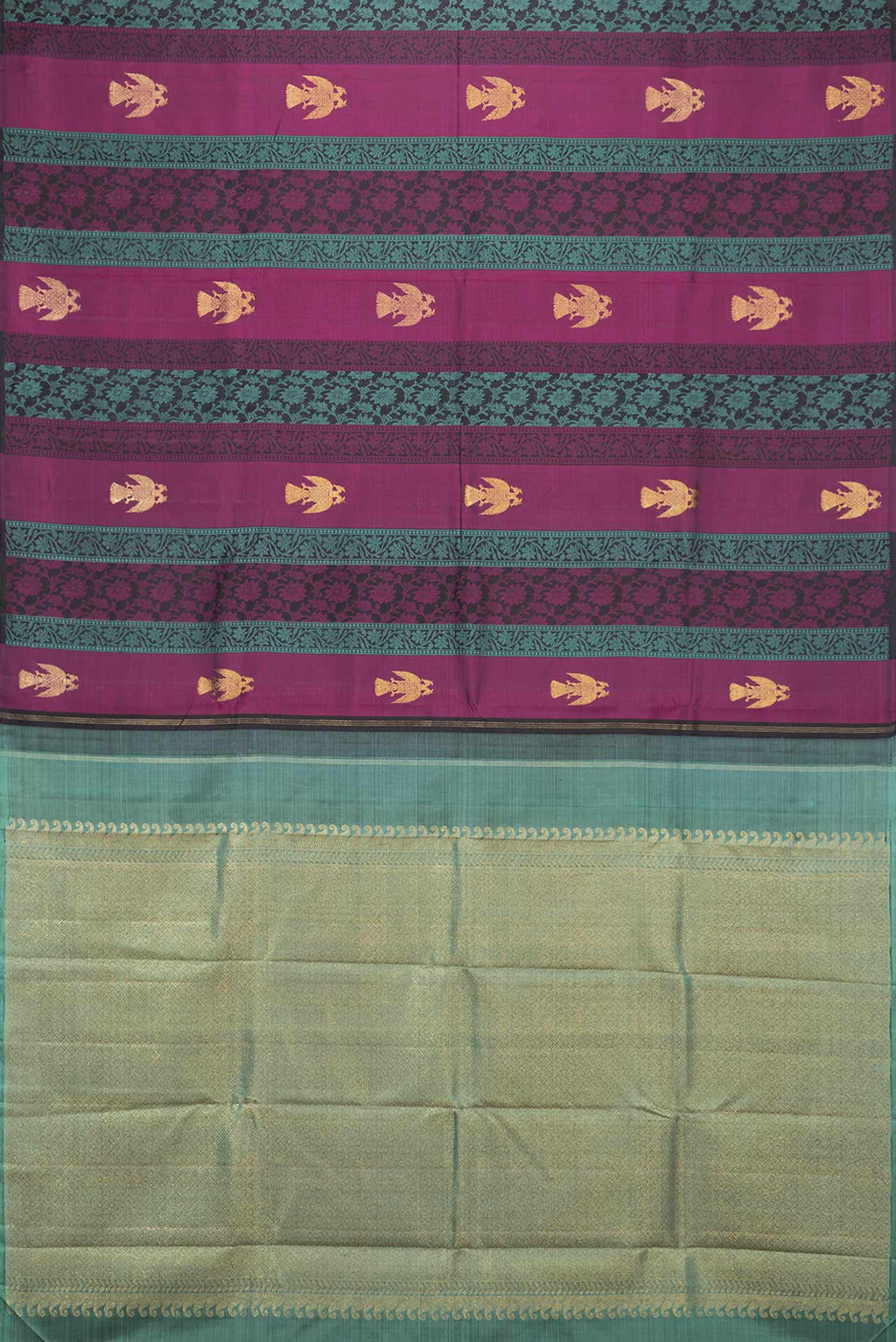 Flat view of Green and Pink Color Kanchipuram Silk Saree with Jacquard design on the body and Without Border
