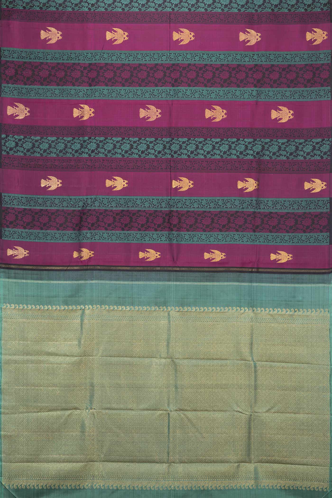 Flat view of Green and Pink Color Kanchipuram Silk Saree with Jacquard design on the body and Without Border