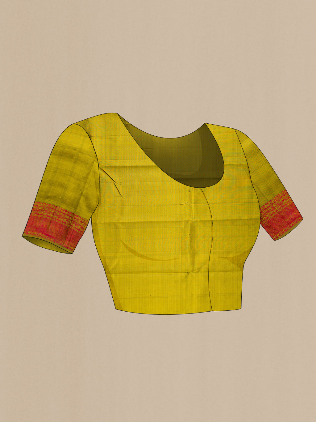 Close up image of the blouse of Yellow Kanchipuram Silk Saree with Thread Butta on the body and Thread Border. 