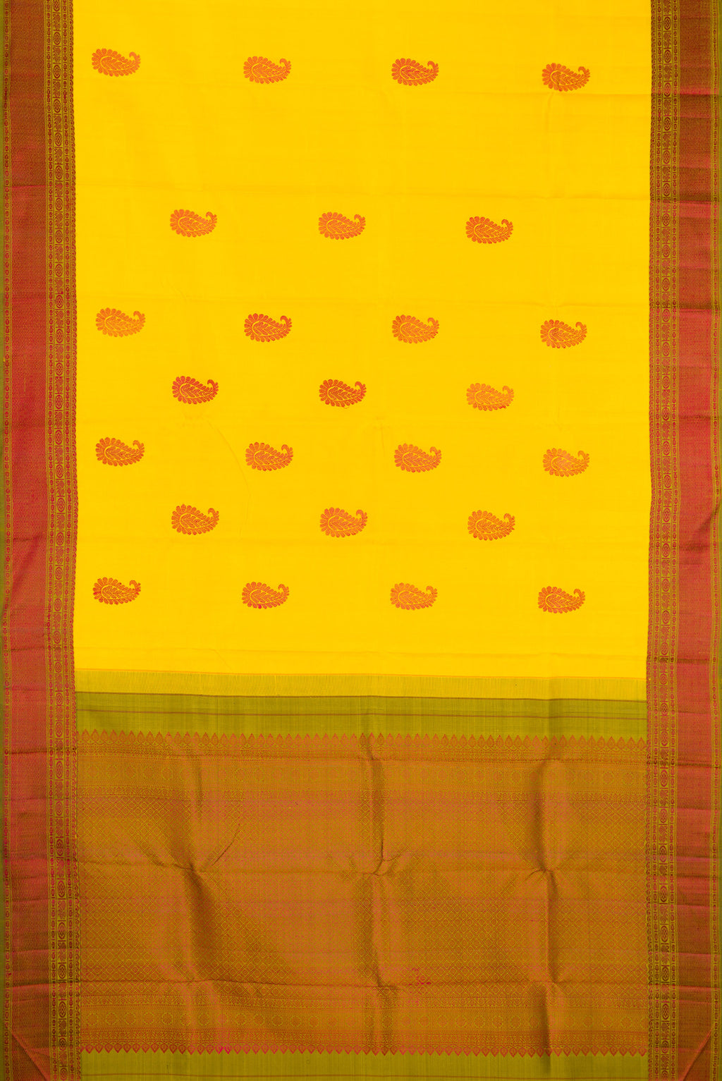 Flat view of Yellow Kanchipuram Silk Saree with Thread Butta on the body and Thread Border. 