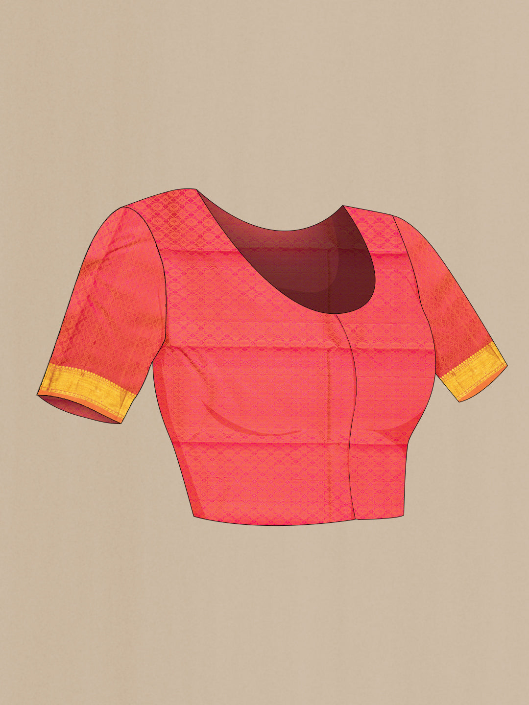 Close up image of the blouse of Coral Dual Tone Kanchipuram Silk Saree with Jacquard With Zari Butta on the body and Zari Border. 