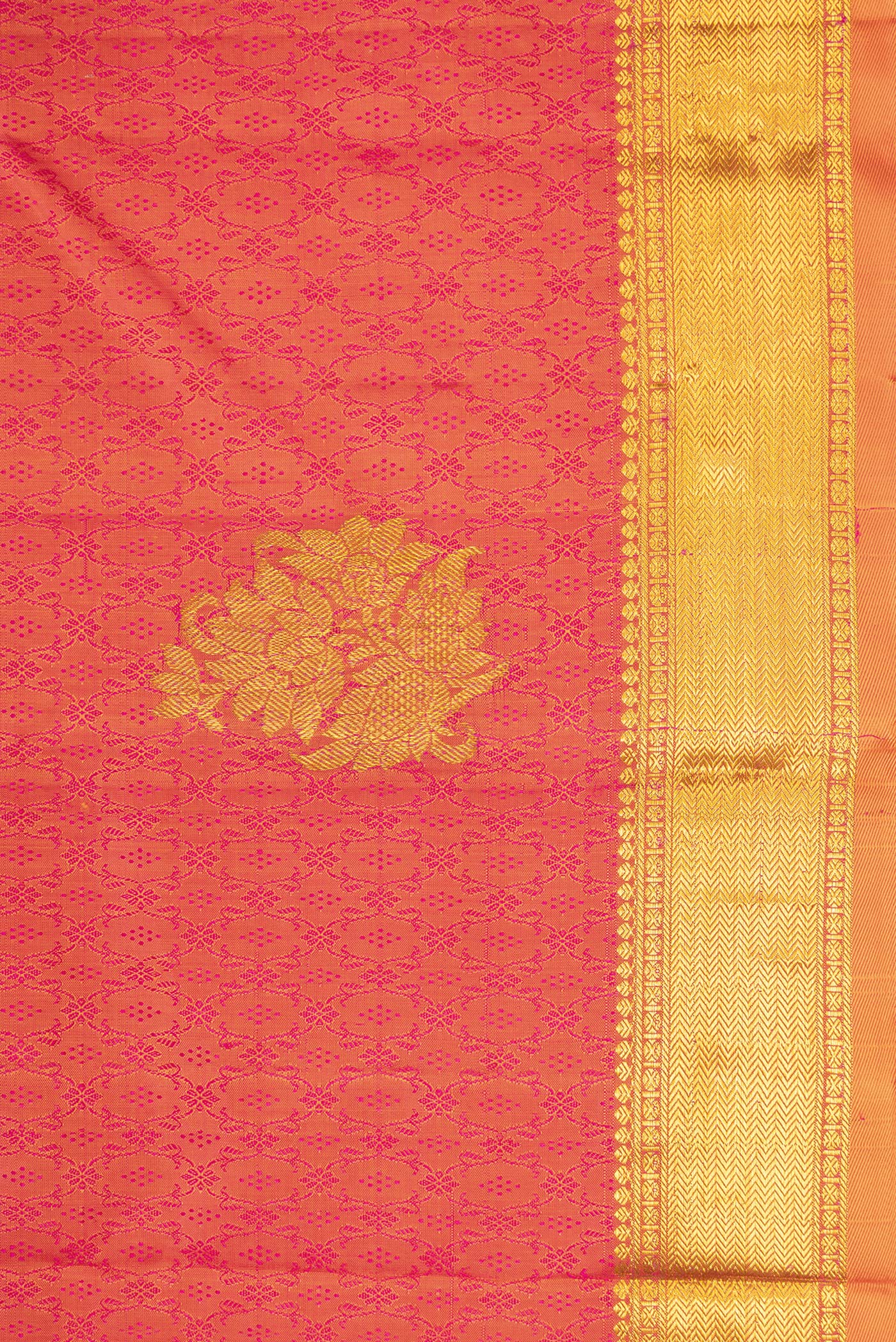Border image of Coral Dual Tone Kanchipuram Silk Saree with Jacquard With Zari Butta on the body and Zari Border. 