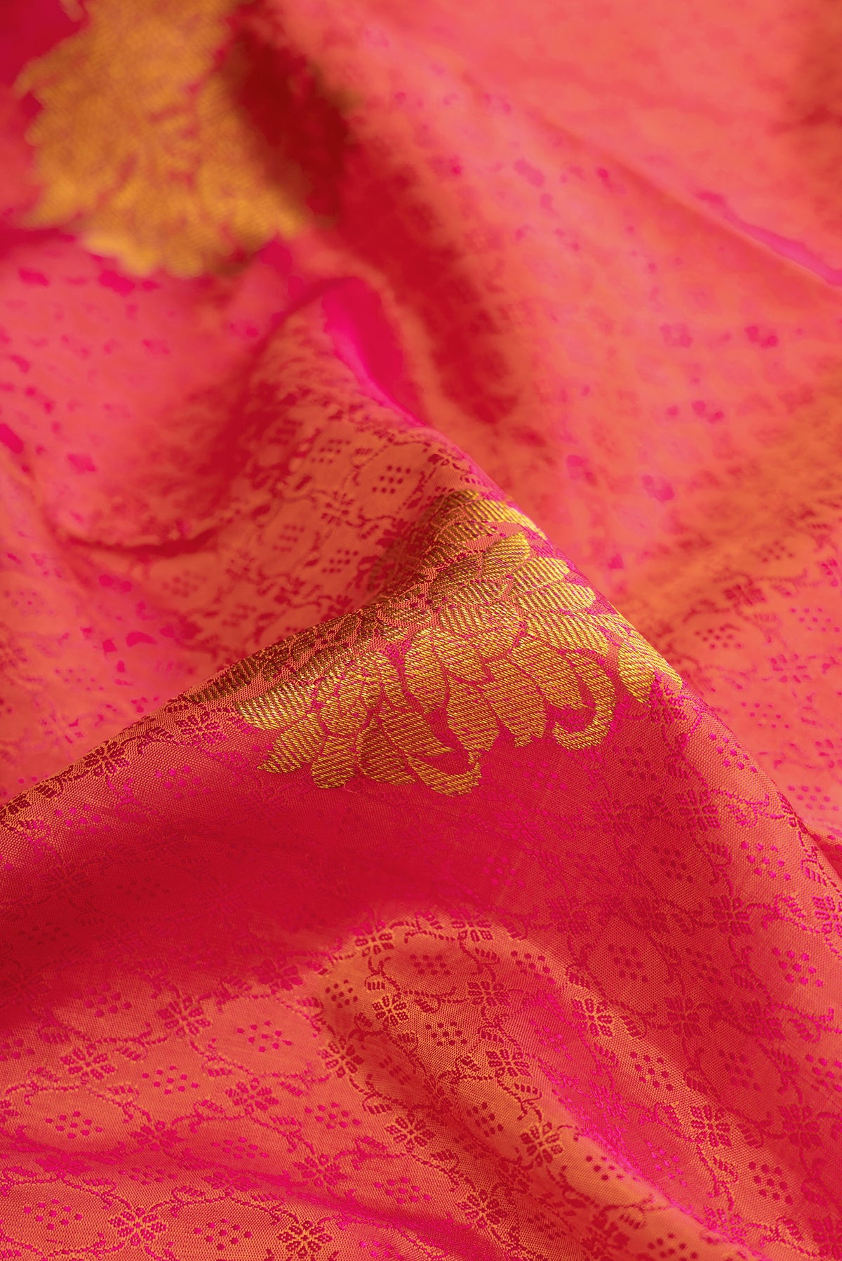 Close up of Coral Dual Tone Kanchipuram Silk Saree with Jacquard With Zari Butta on the body and Zari Border.  displaying folds