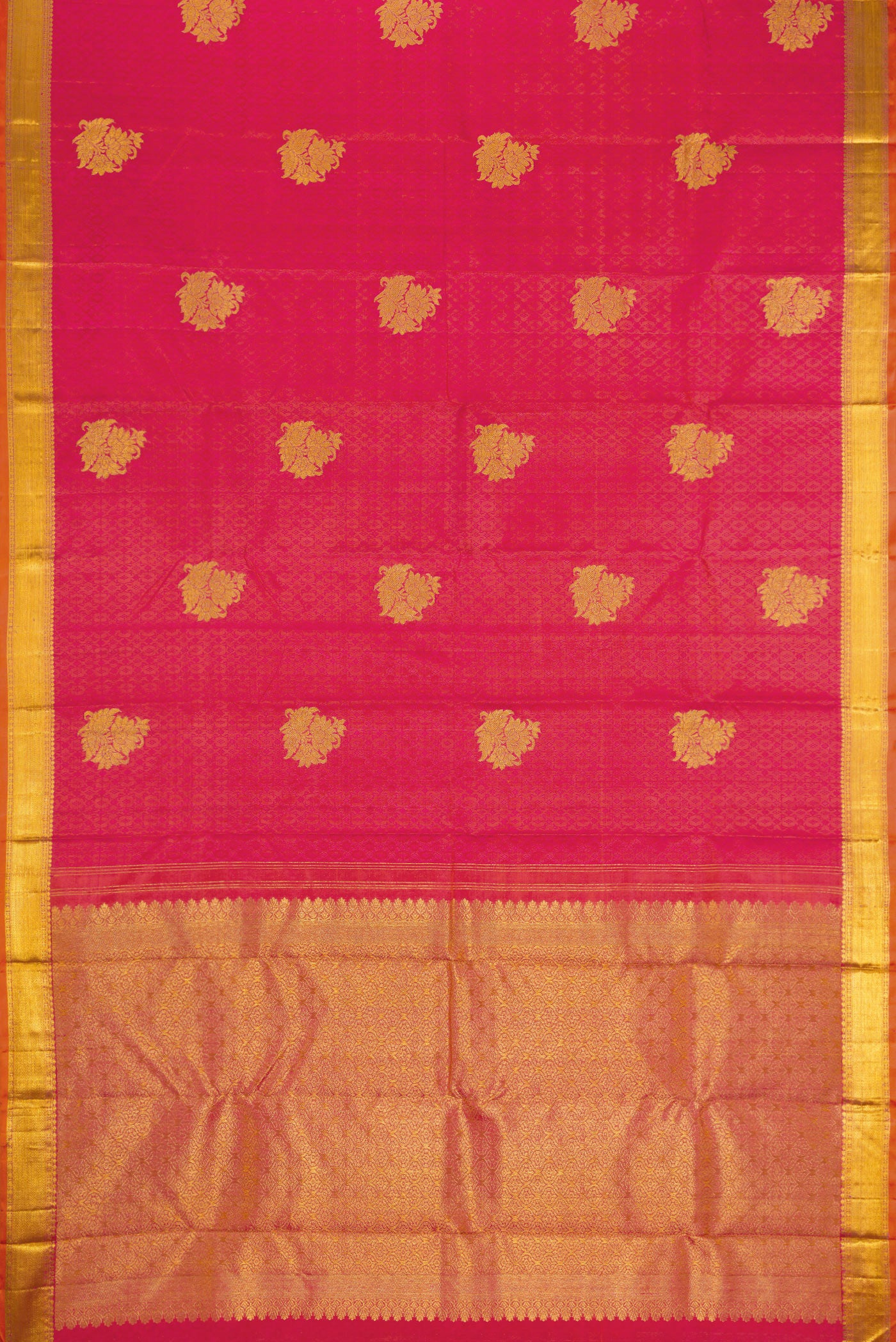 Flat view of Coral Dual Tone Kanchipuram Silk Saree with Jacquard With Zari Butta on the body and Zari Border. 