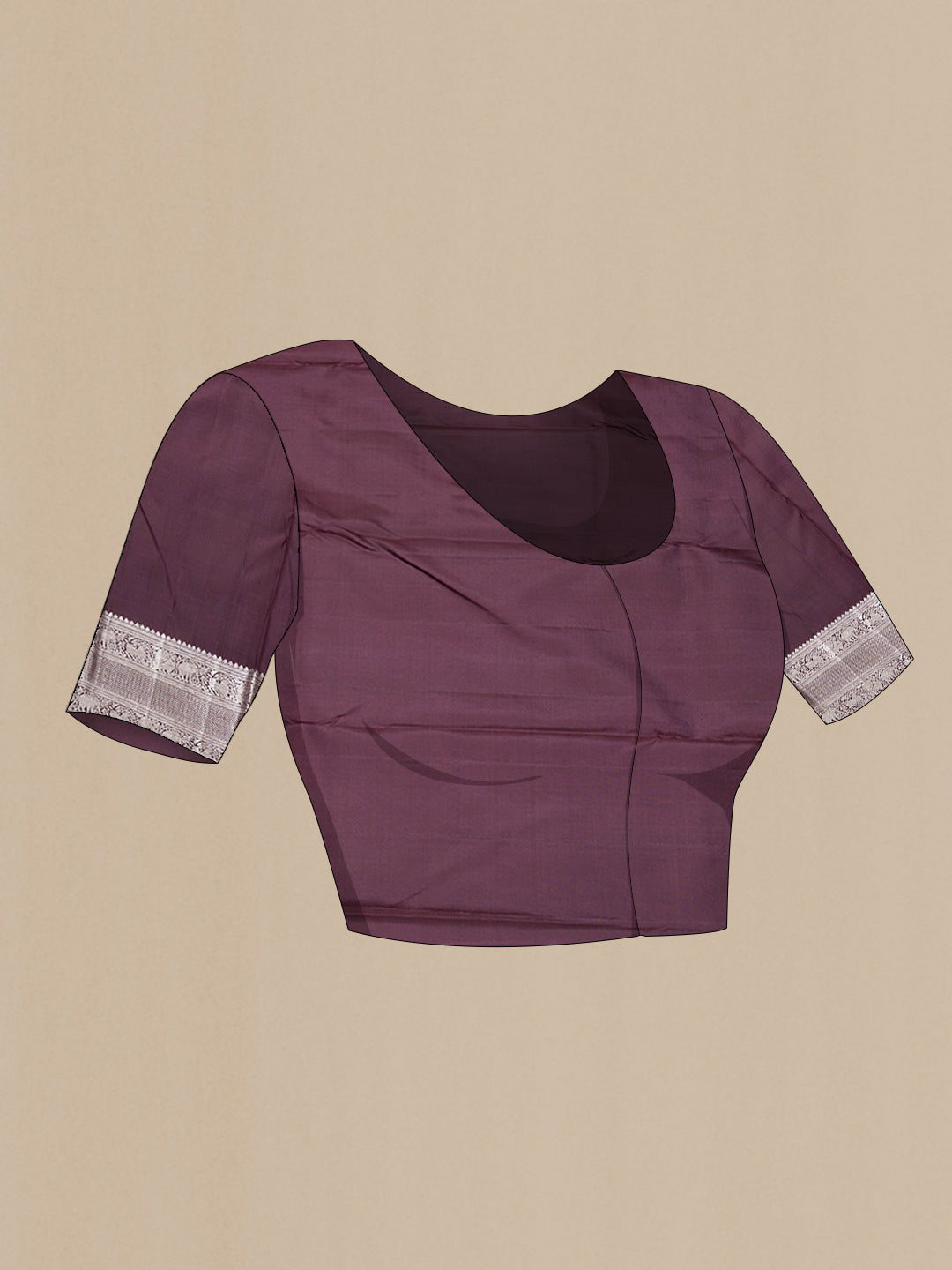 Close up image of the blouse of Burgundy Dual Tone Kanchipuram Silk Saree with Jacquard With Zari Butta on the body and Zari Border