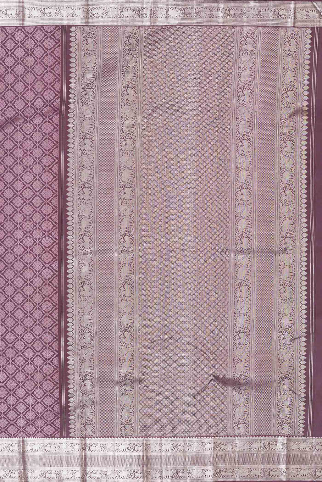 Close up image of the pallu of Burgundy Dual Tone Kanchipuram Silk Saree with Jacquard With Zari Butta on the body and Zari Border