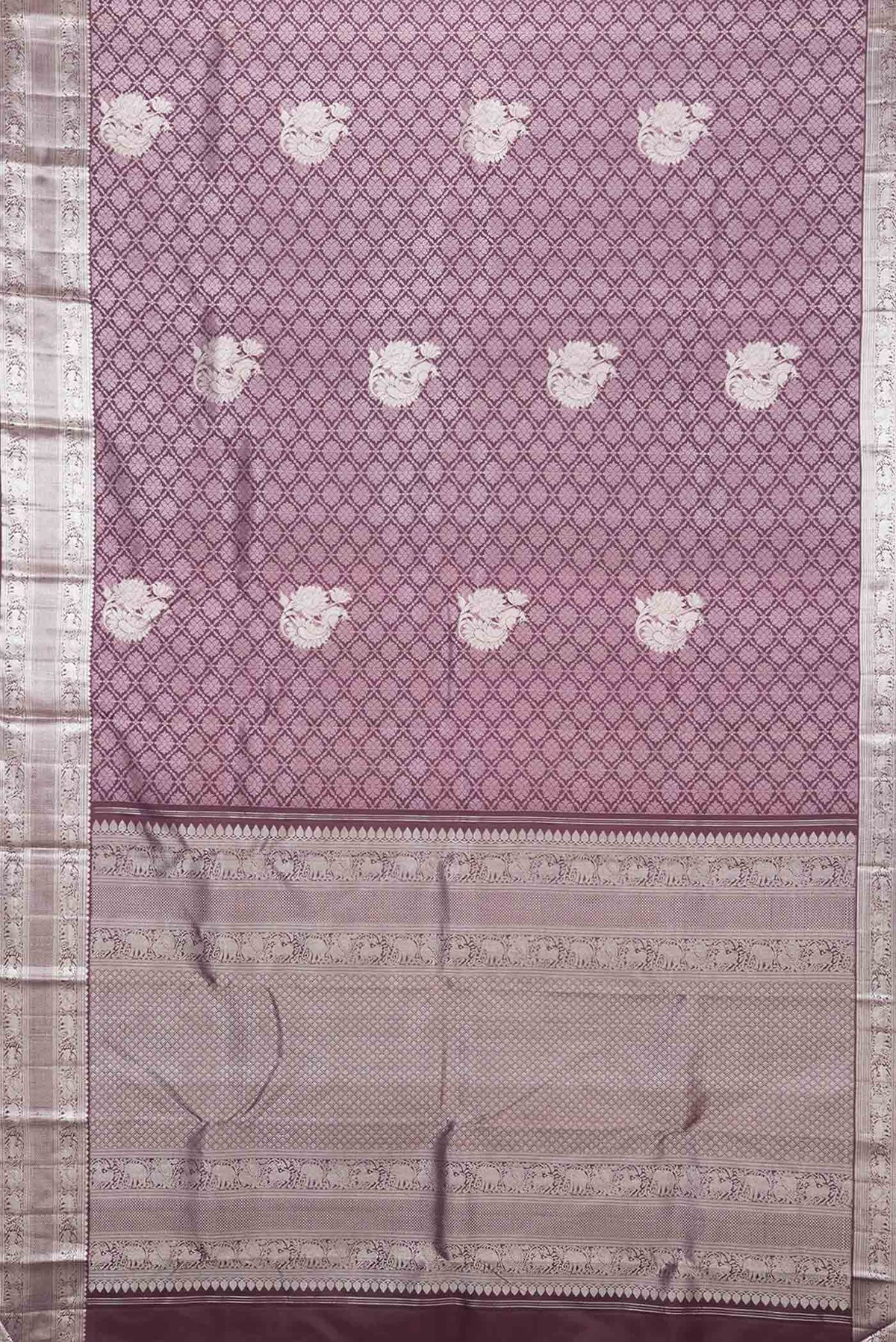 Flat view of Burgundy Dual Tone Kanchipuram Silk Saree with Jacquard With Zari Butta on the body and Zari Border