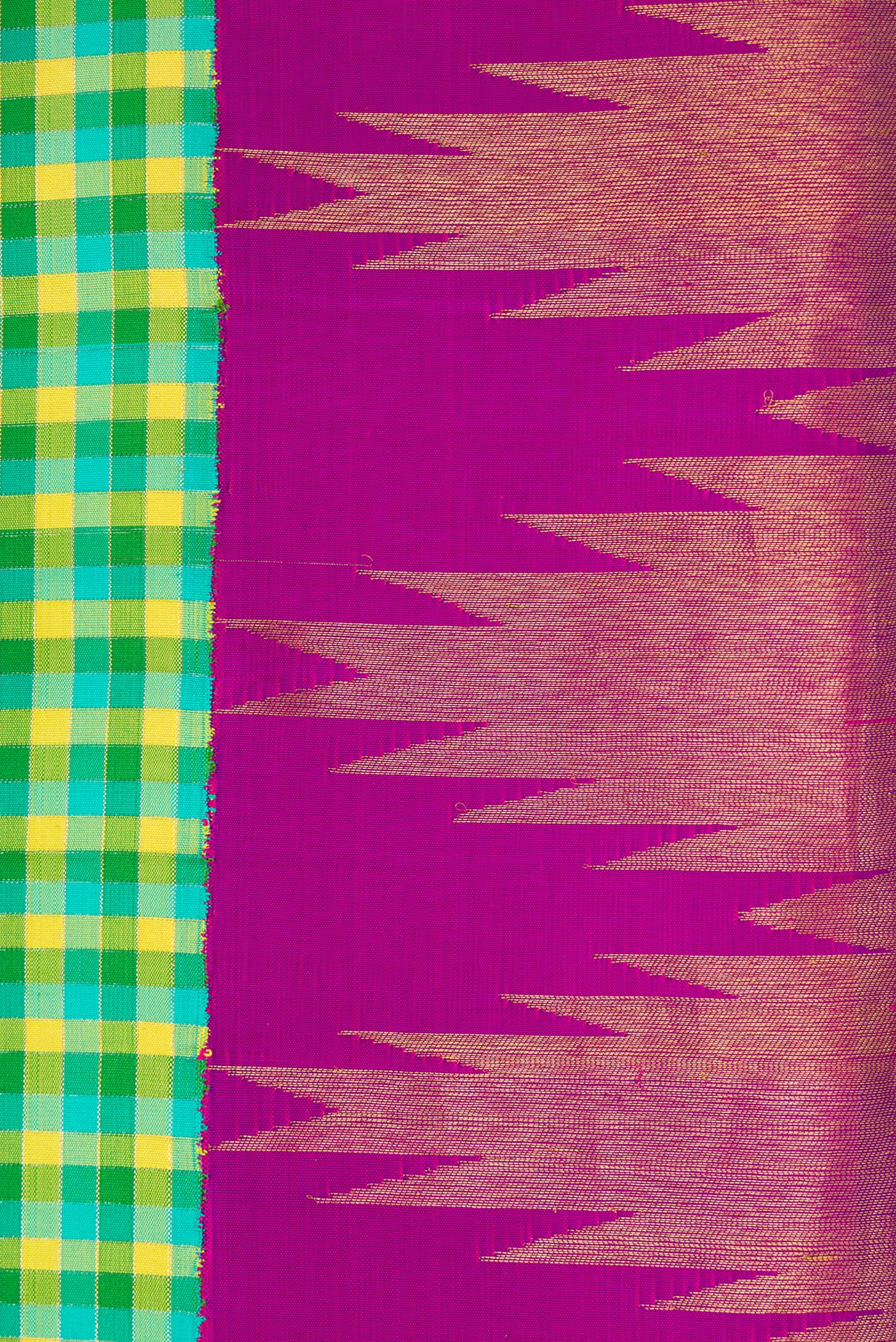 Border image of Green Dual Tone Kanjivaram Silk Saree with Checked design on the body and Temple Border. 