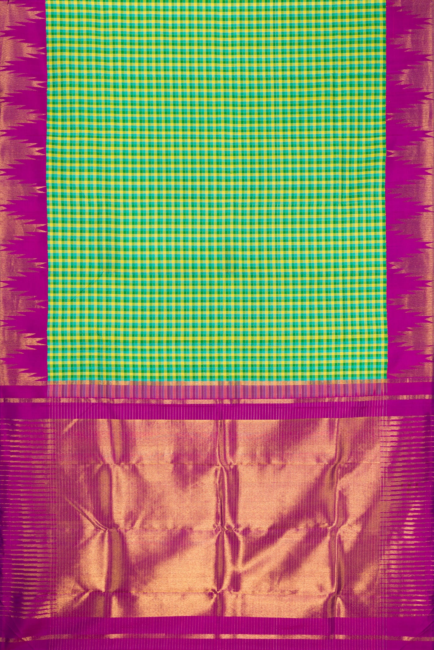 Flat view of Green Dual Tone Kanjivaram Silk Saree with Checked design on the body and Temple Border. 