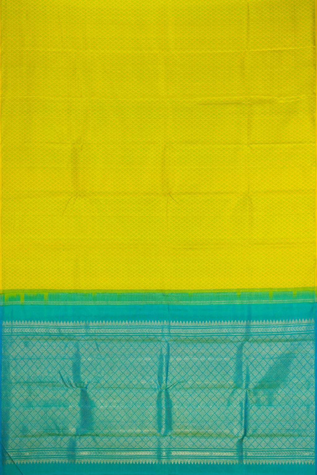 Flat view of Yellow Dual Tone Kanjivaram Silk Saree with Half And Half on the body and Without Border. 