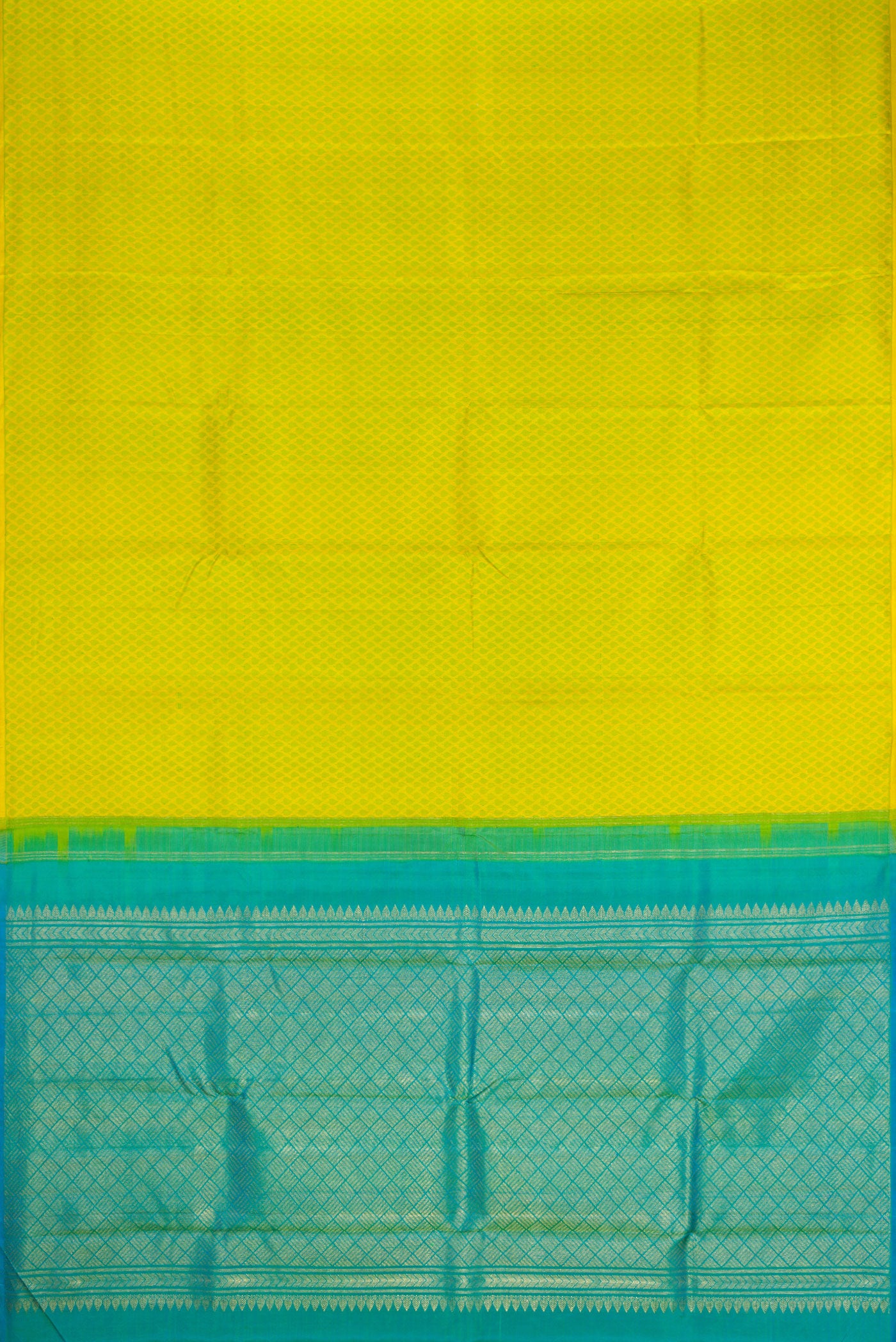 Flat view of Yellow Dual Tone Kanjivaram Silk Saree with Half And Half on the body and Without Border. 