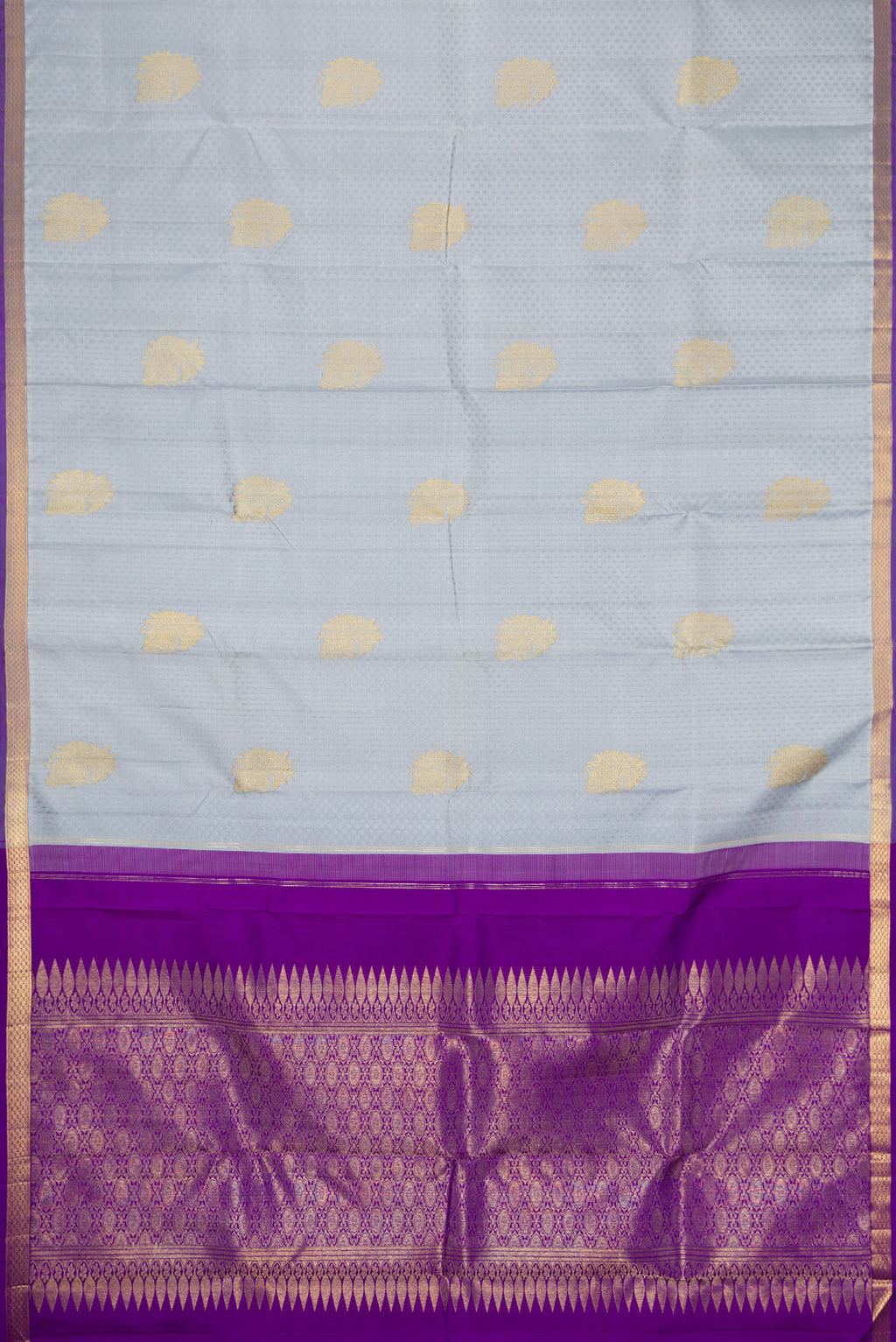 Flat view of Pure Silk Pure Zari Grey Dual Tone Kanjivaram Saree with Jacquard With Zari Butta on the body and Zari Border. 