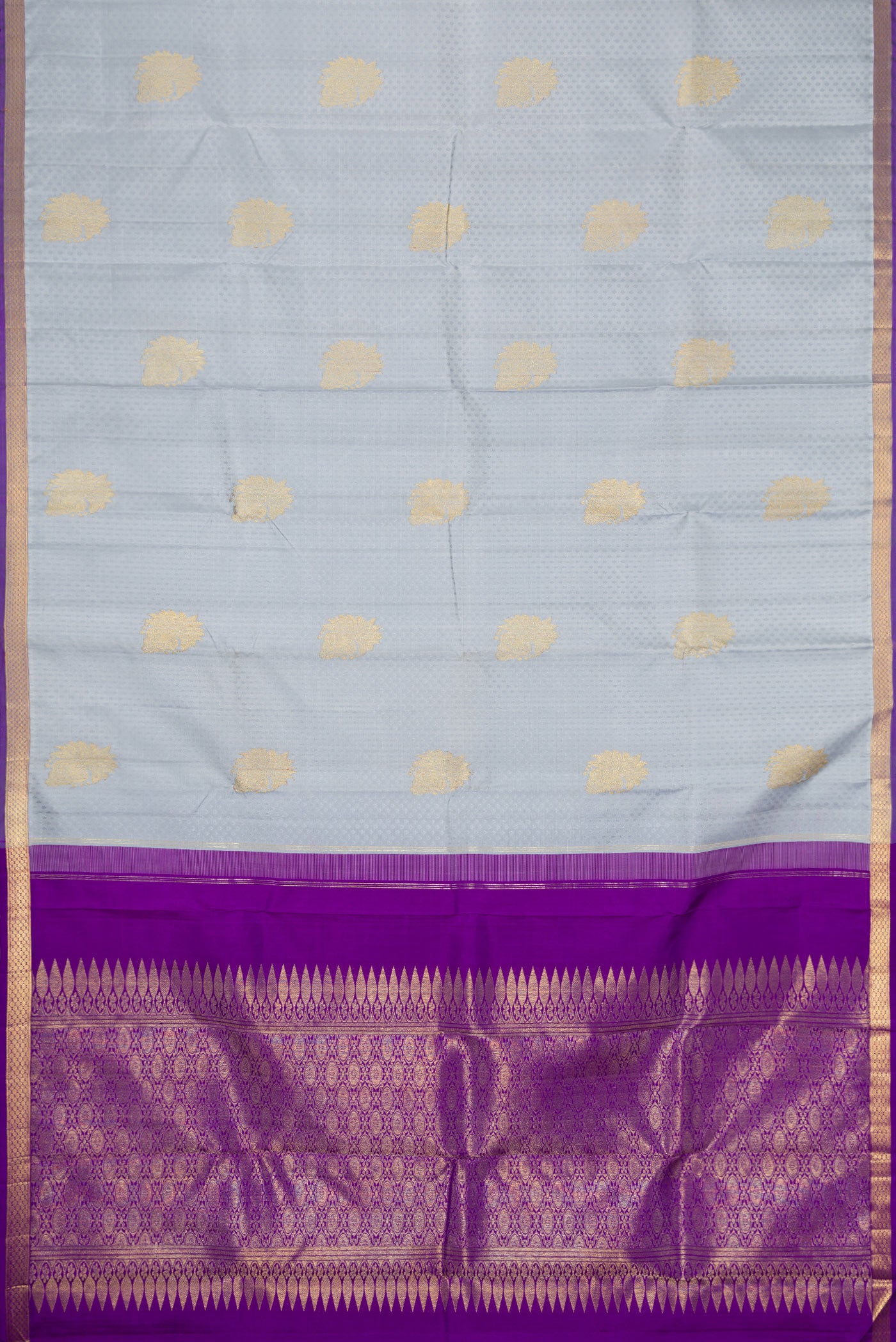 Flat view of Pure Silk Pure Zari Grey Dual Tone Kanjivaram Saree with Jacquard With Zari Butta on the body and Zari Border. 