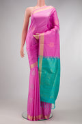 Pink Soft Silk Saree with Zari Butta on the body and Zari Border.  displayed on a mannequin