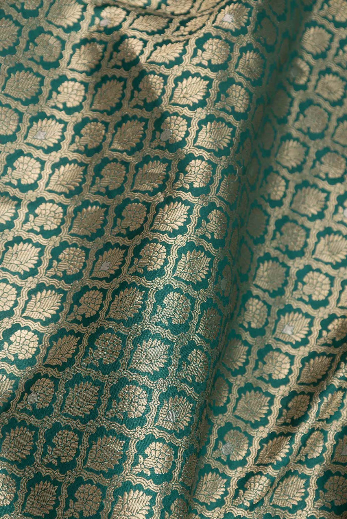 Close up of Green Dual Tone Banarasi Saree with Zari Brocade on the body and Zari Border displaying folds