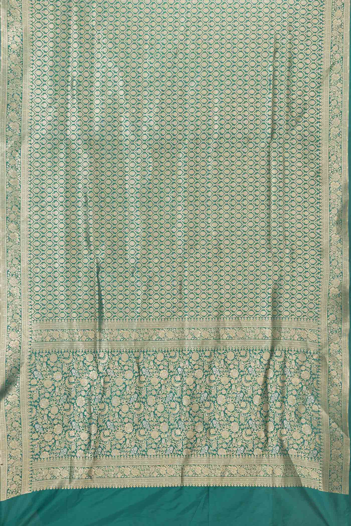 Flat view of Green Dual Tone Banarasi Saree with Zari Brocade on the body and Zari Border