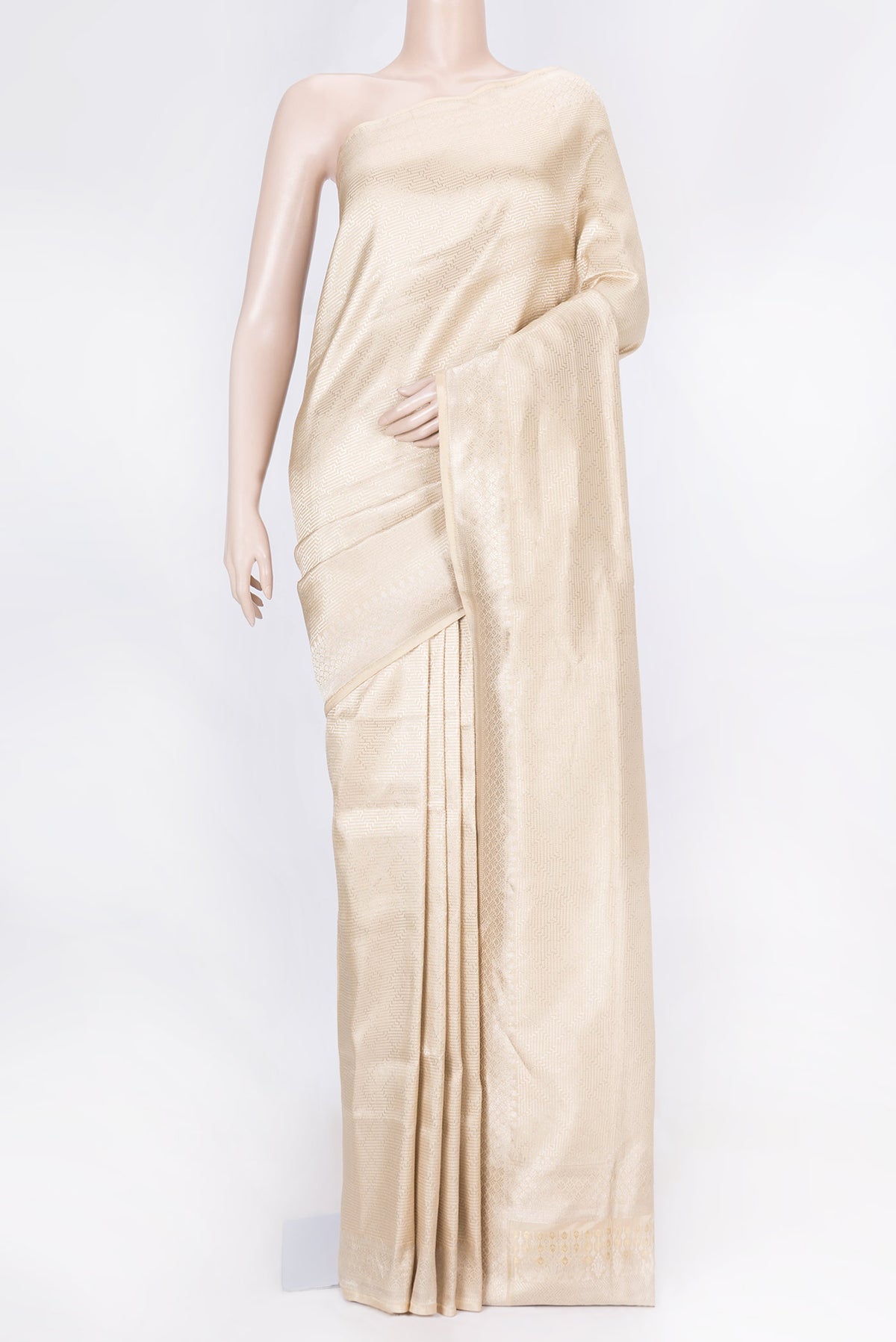Beige Dual Tone Banarasi Saree with Zari Brocade on the body and Zari Border displayed on a mannequin