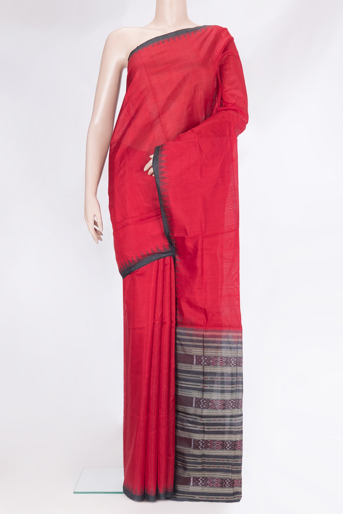 Red Double Ikat Saree with Plain Body and Temple Border.  displayed on a mannequin
