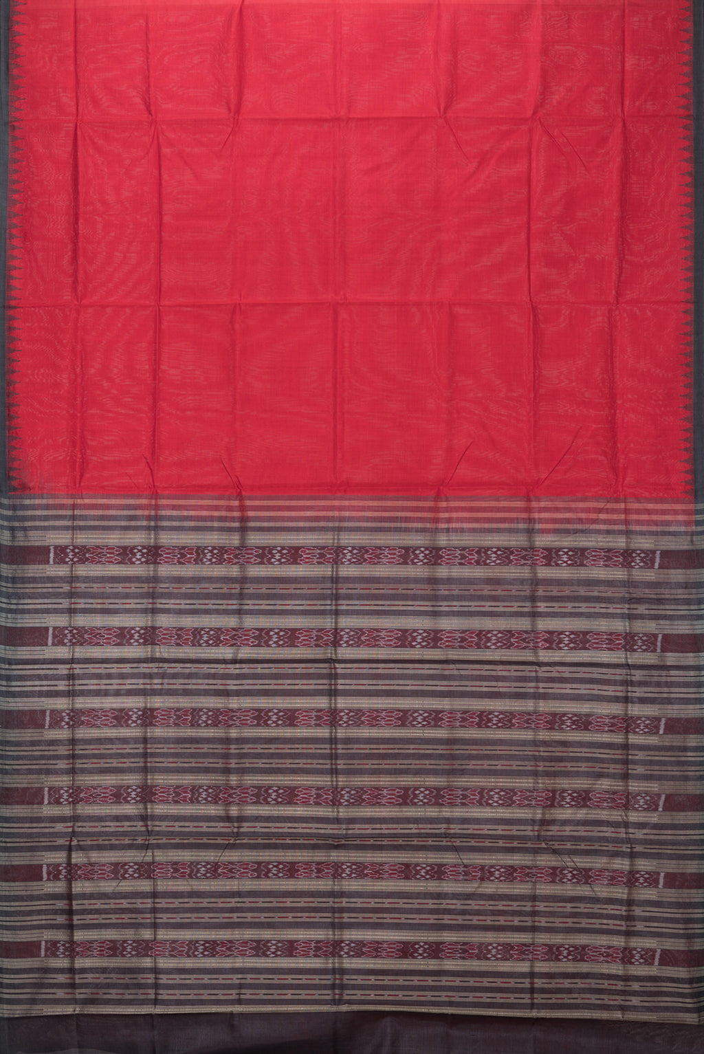 Flat view of Red Double Ikat Saree with Plain Body and Temple Border. 