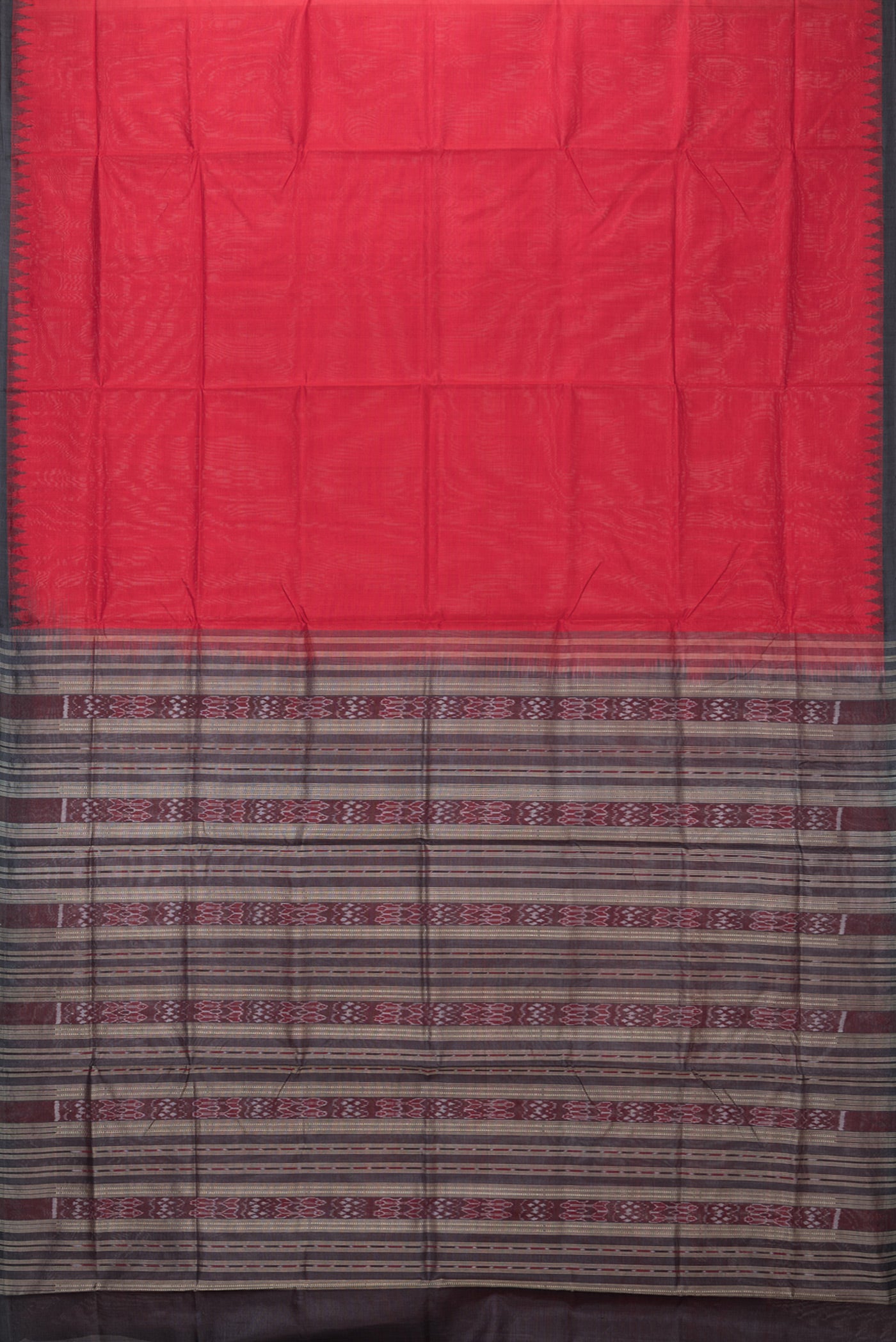 Flat view of Red Double Ikat Saree with Plain Body and Temple Border. 