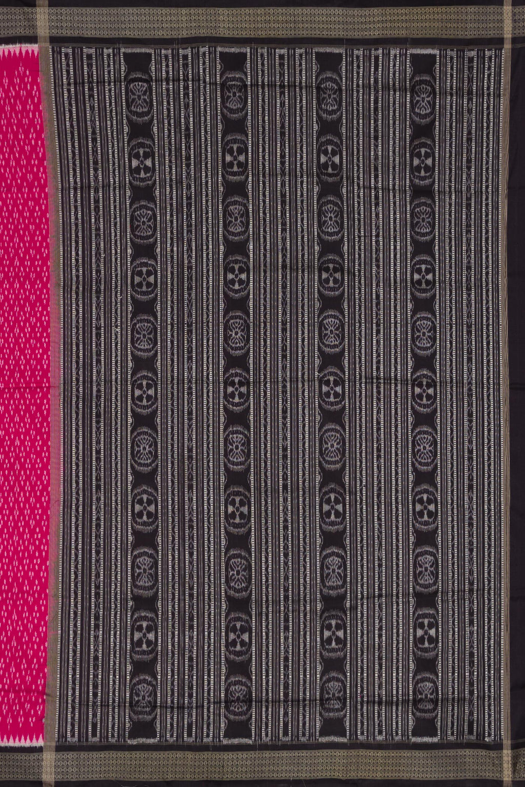 Close up image of the pallu of Pink Dual Tone Double Ikat Saree with Ikat Print on the body and Thread Border. 