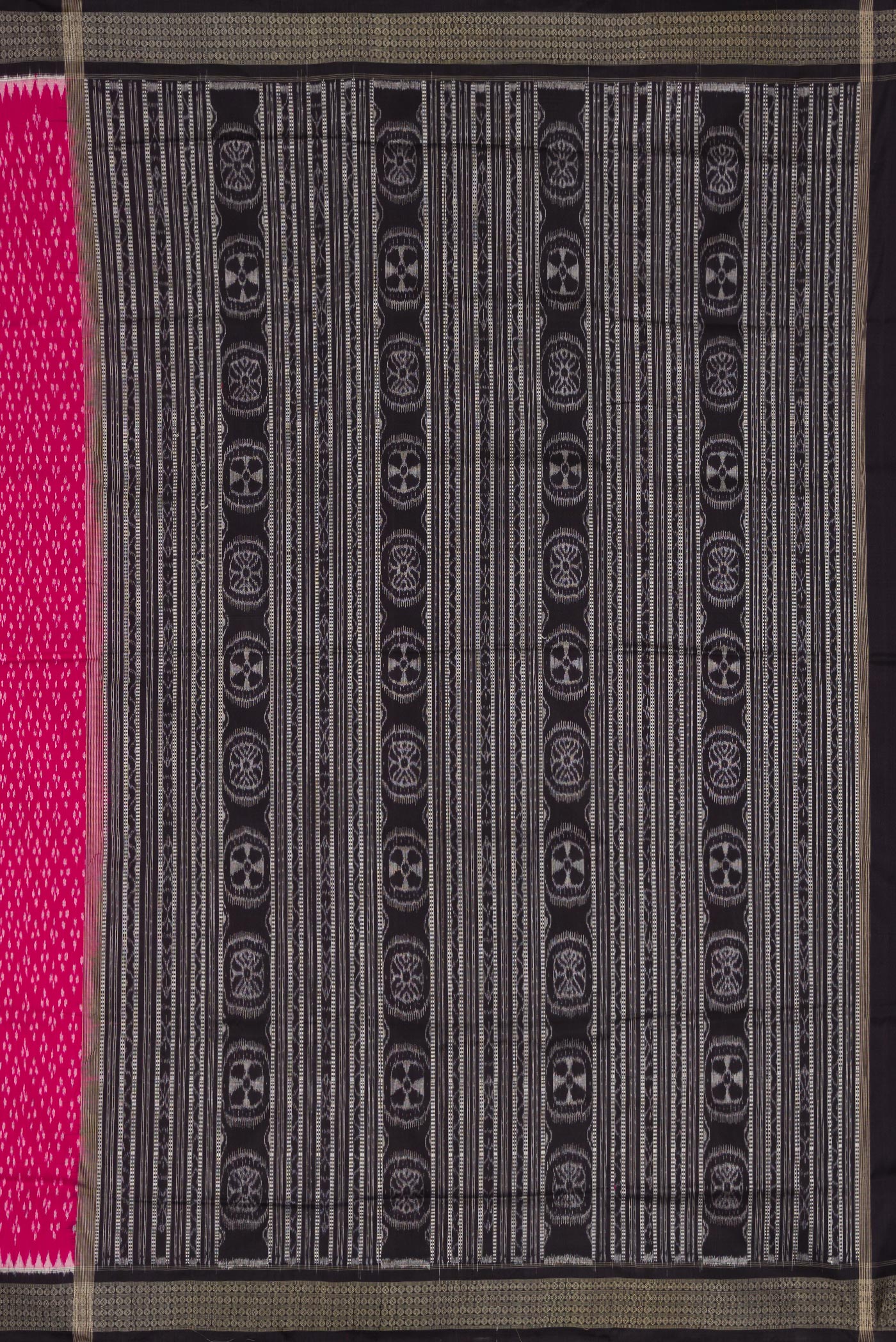 Close up image of the pallu of Pink Dual Tone Double Ikat Saree with Ikat Print on the body and Thread Border. 
