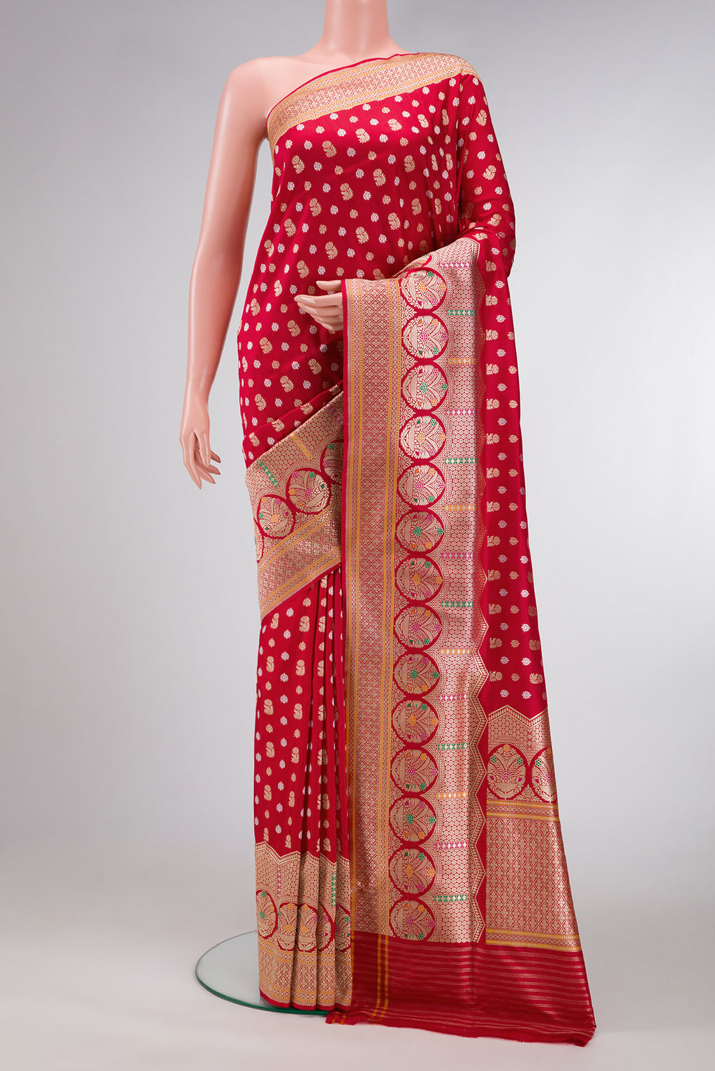 Red Dual Tone Banarasi Silk Saree with Zari Butta on the body and Fancy Border.  displayed on a mannequin