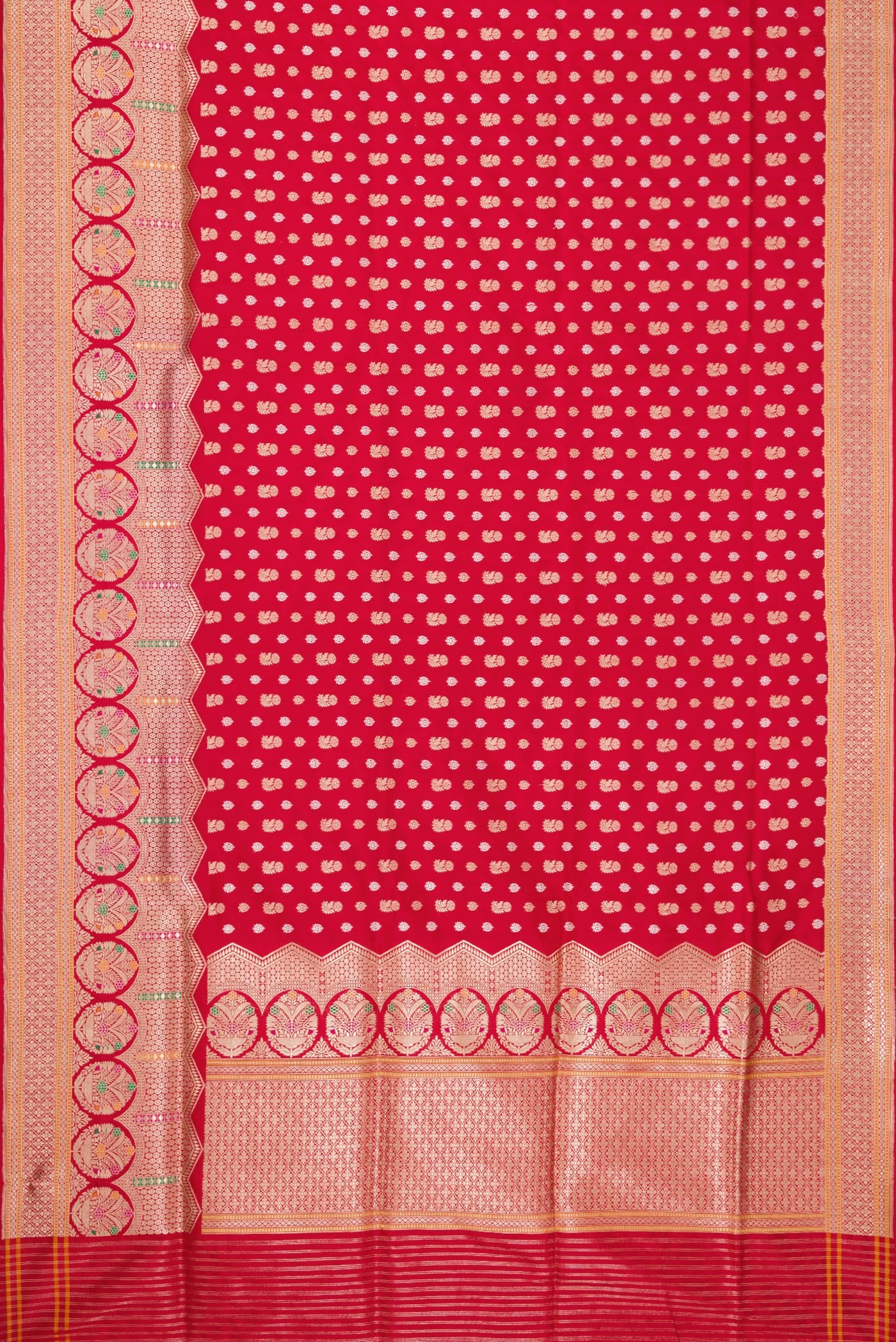 Flat view of Red Dual Tone Banarasi Silk Saree with Zari Butta on the body and Fancy Border. 