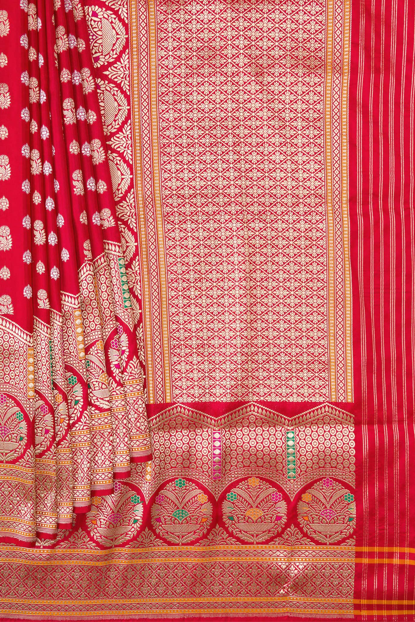 Pleats and pallu of Red Dual Tone Banarasi Silk Saree with Zari Butta on the body and Fancy Border. 