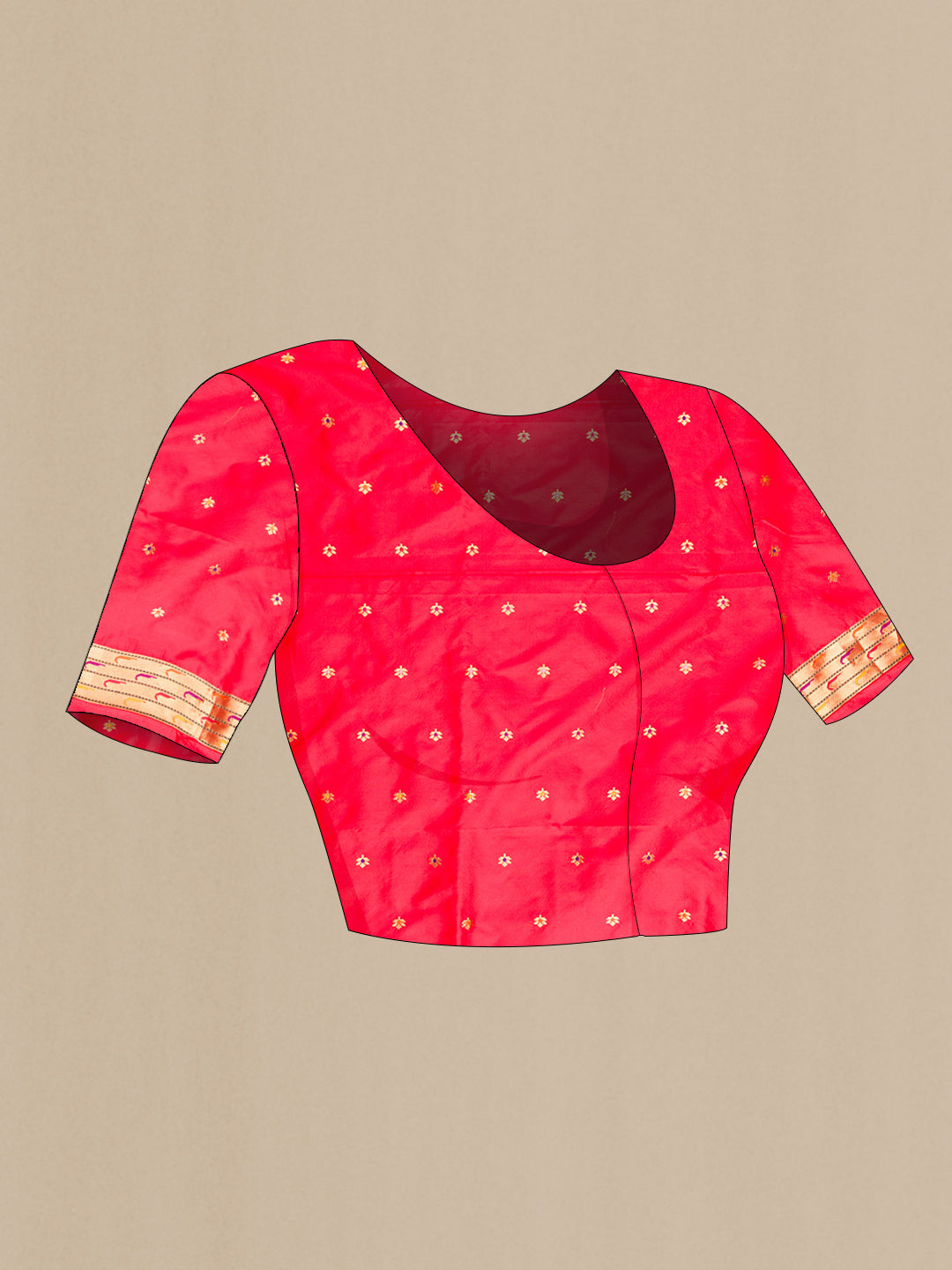 Close up image of the blouse of Mustard Dual Tone Paithani Silk Saree with Zari Butta on the body and Zari Border. 